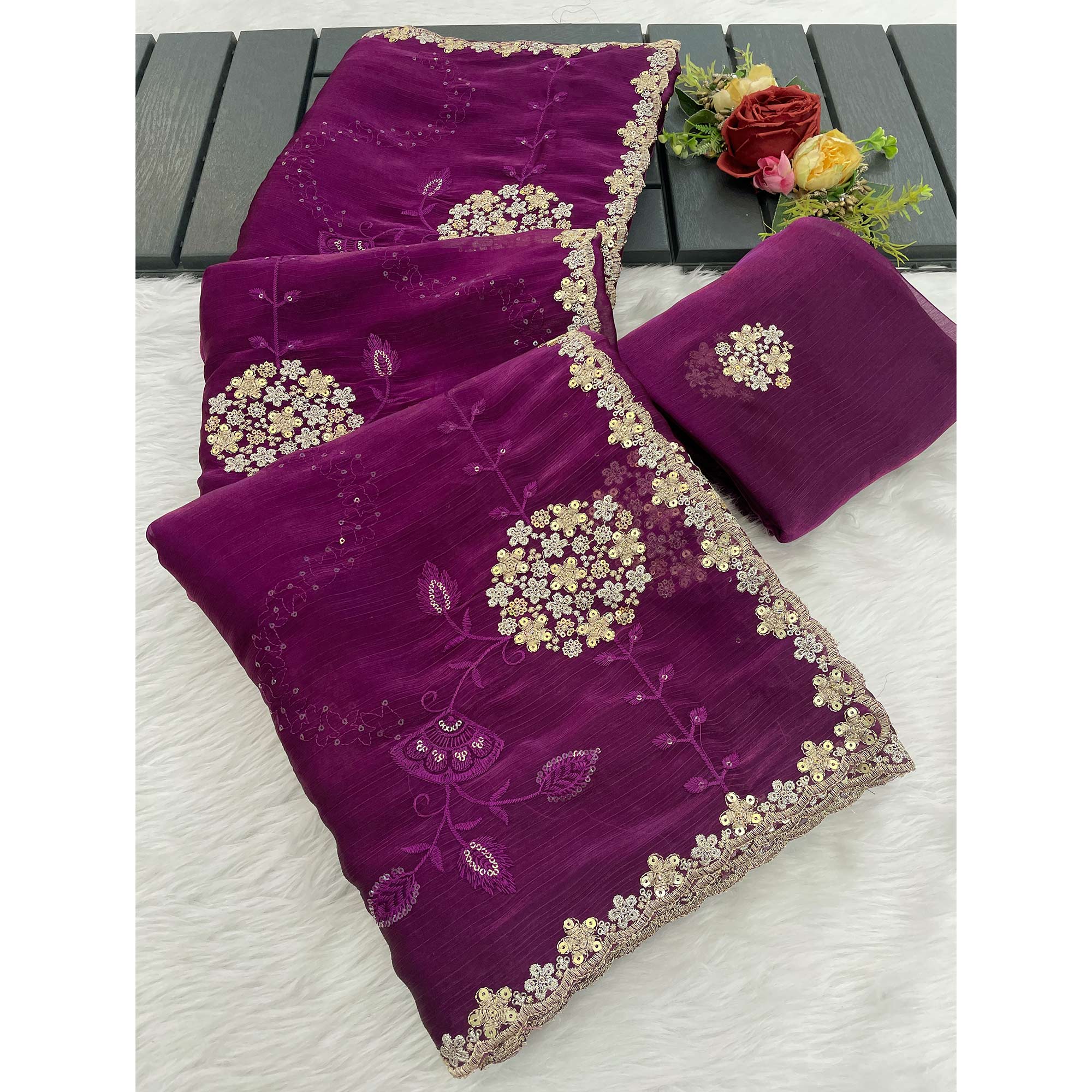 Purple Sequins Embroidered Chiffon Saree