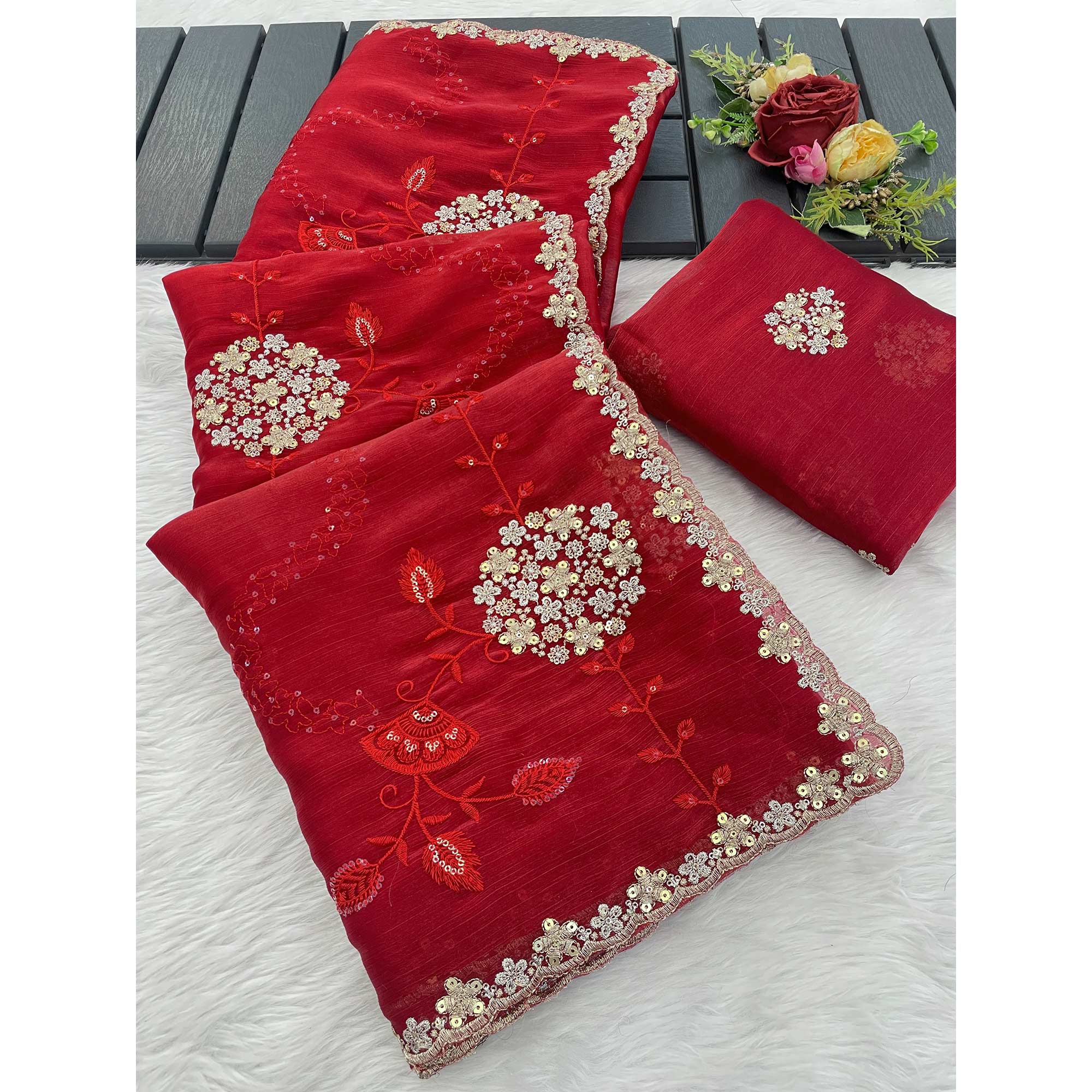 Red Sequins Embroidered Chiffon Saree