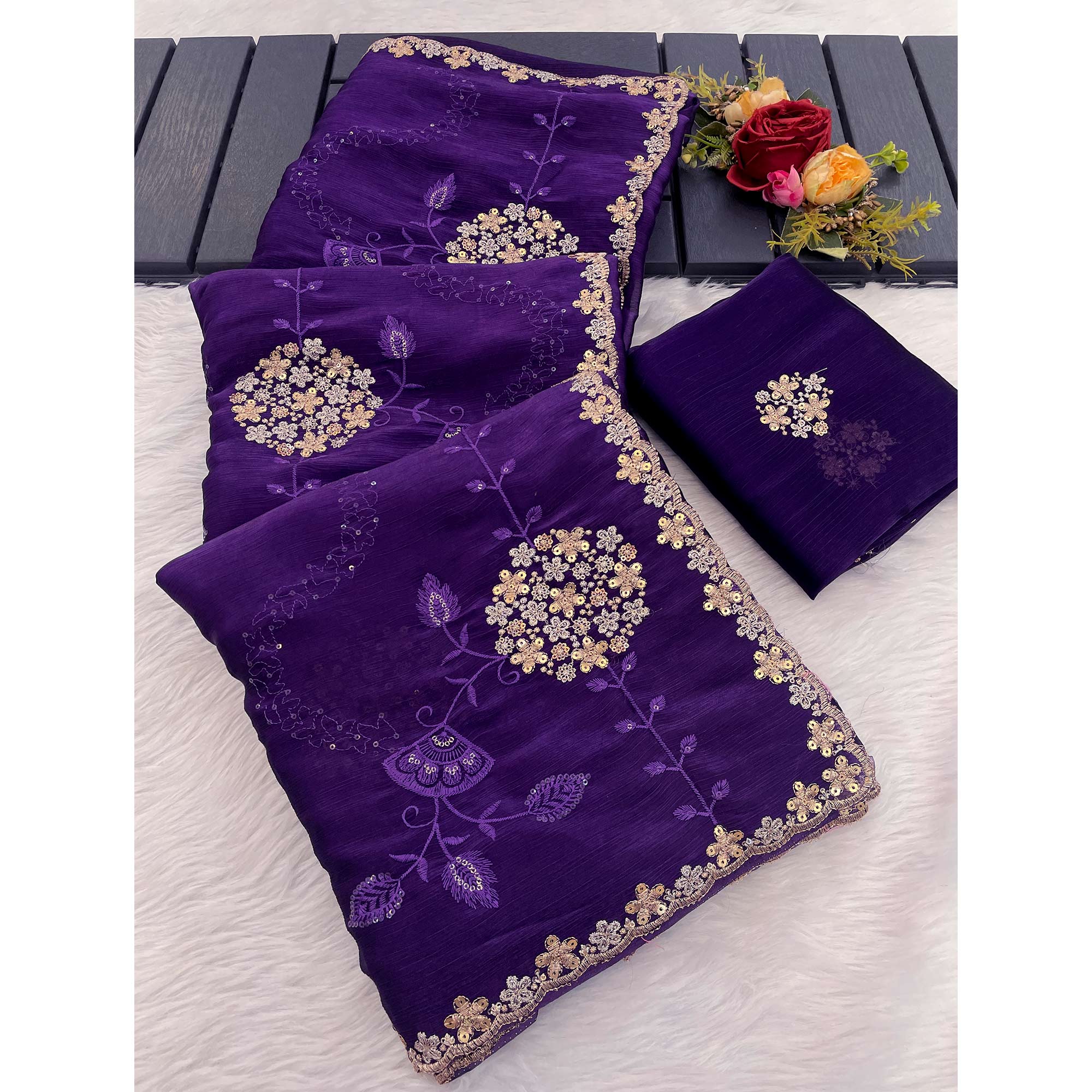 Violet Sequins Embroidered Chiffon Saree