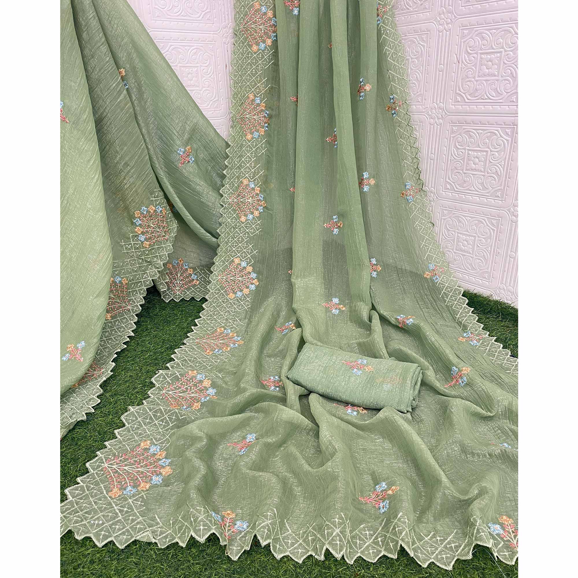 Green Floral Sequins Embroidered Art Silk Crush Saree