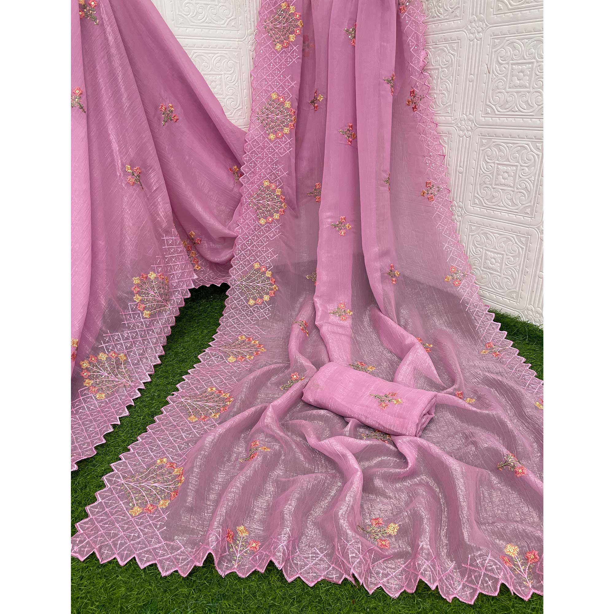 Pink Floral Sequins Embroidered Art Silk Crush Saree