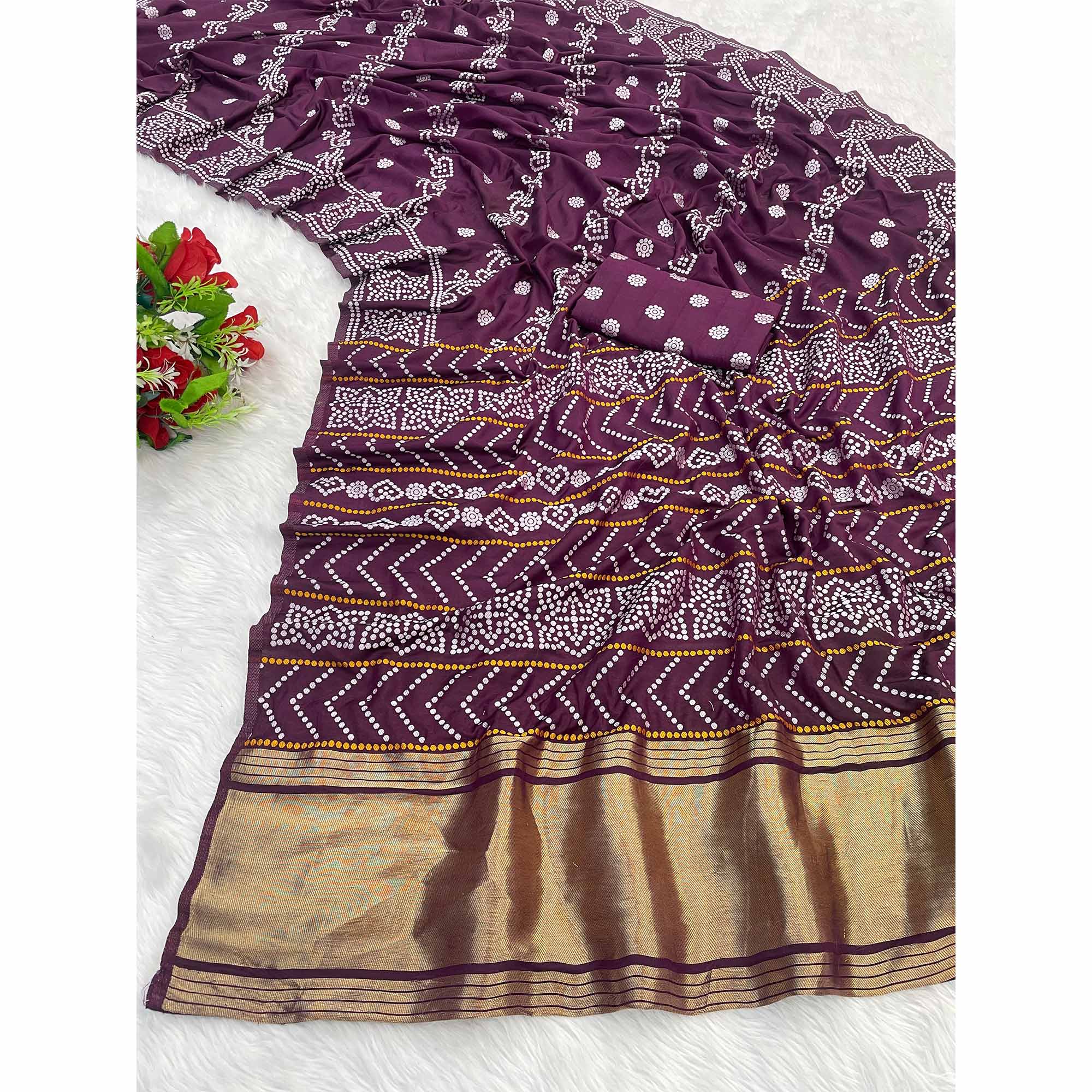 Wine Bandhani Zari Woven Dola Silk Saree