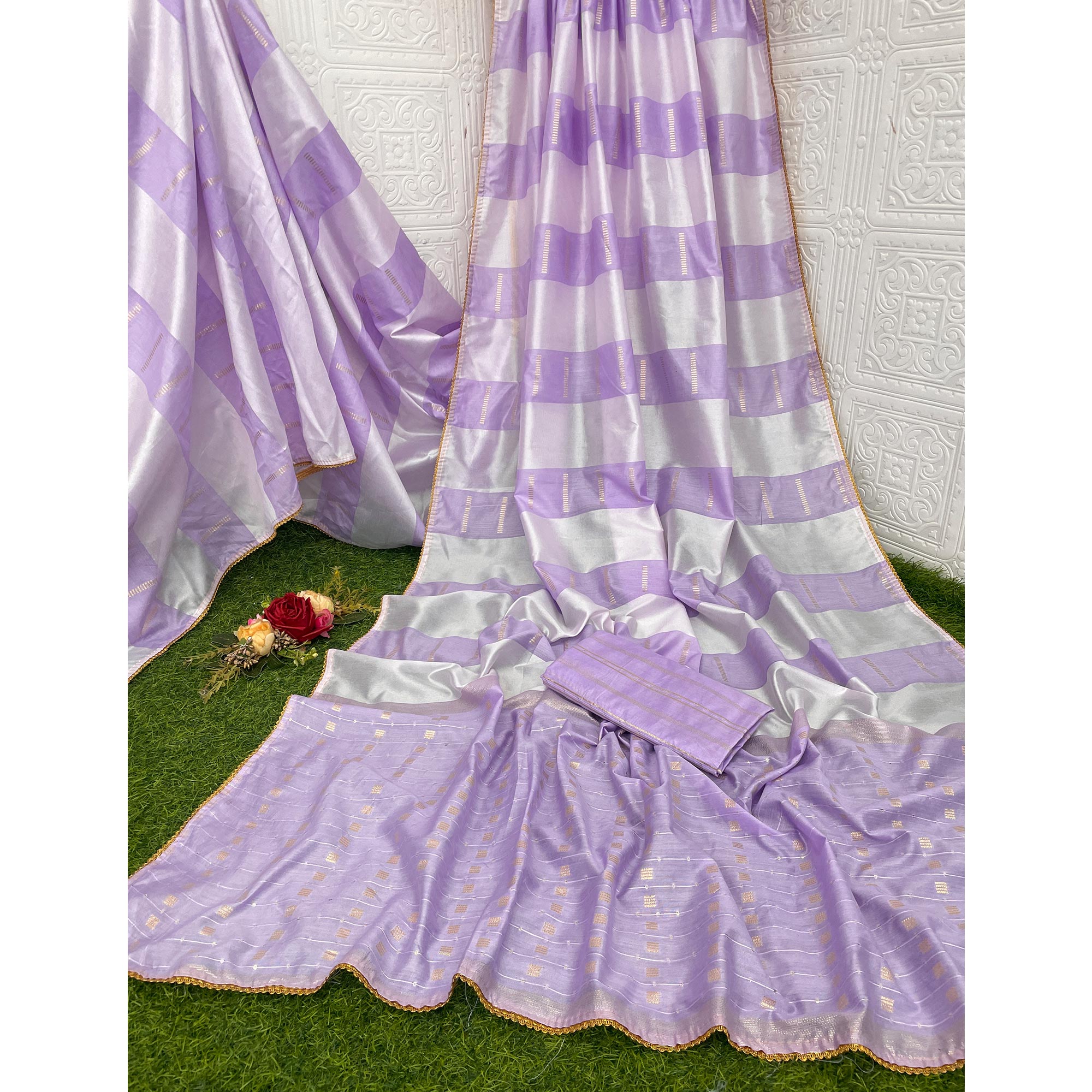 Lavender Zari Woven With Sequins Work Tussar Silk Saree With Lace Border