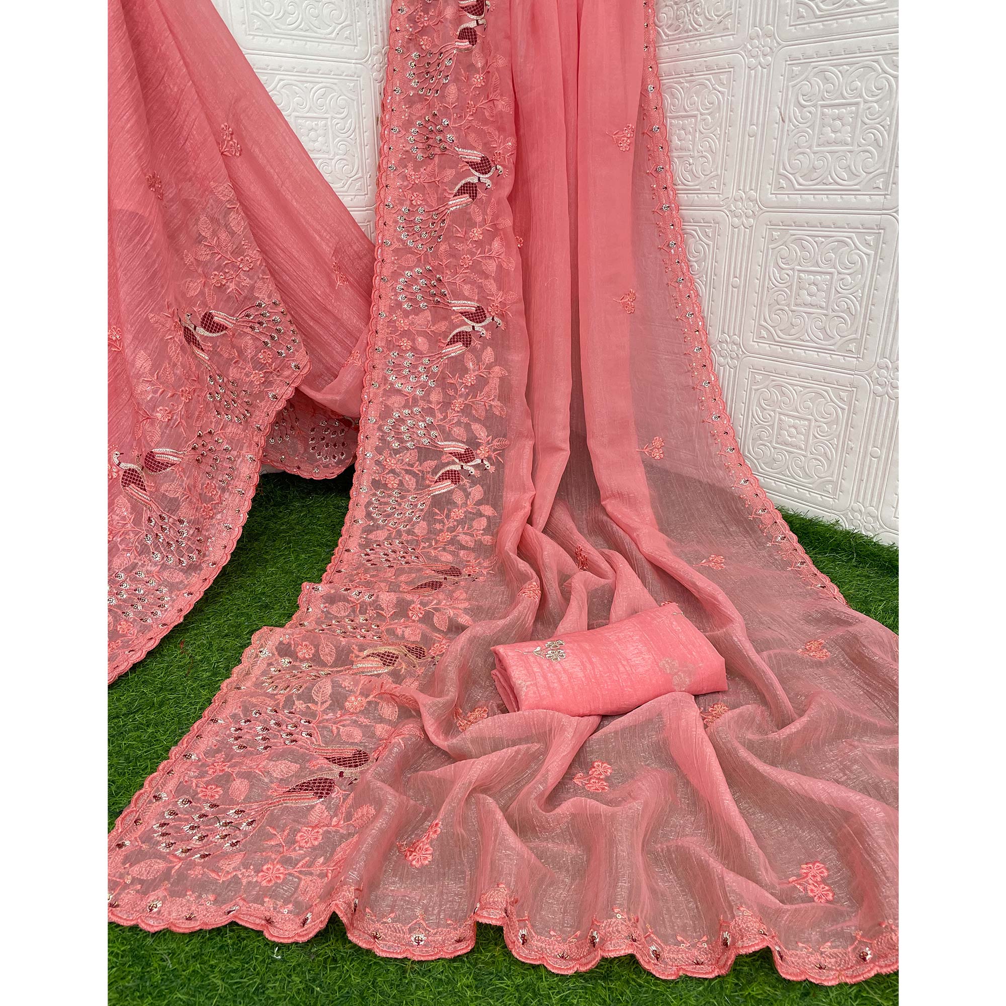 Light Peach Floral Sequins Embroidered Art Silk Crush Saree