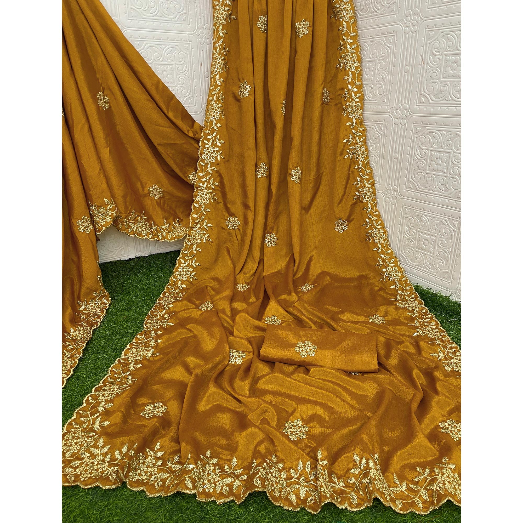 Mustard Floral Sequins Embroidered Chinon Saree