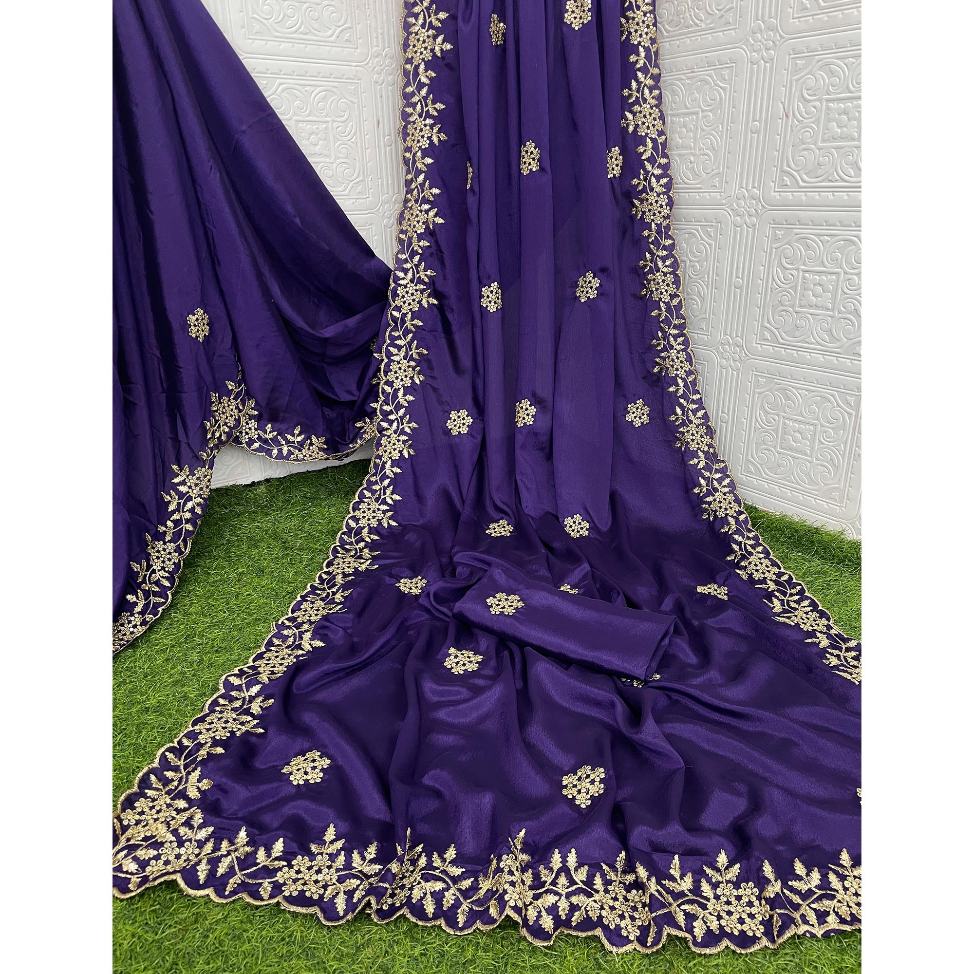Purple Floral Sequins Embroidered Chinon Saree
