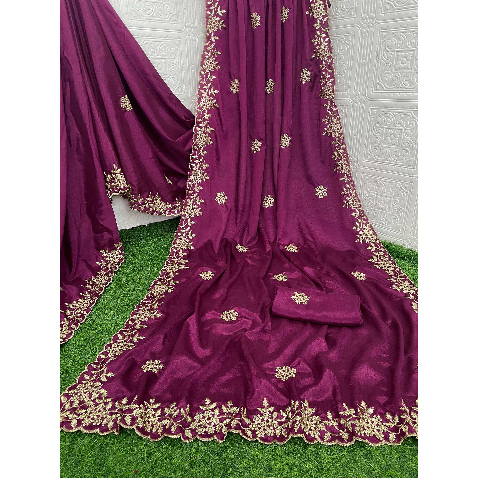 Wine Floral Sequins Embroidered Chinon Saree