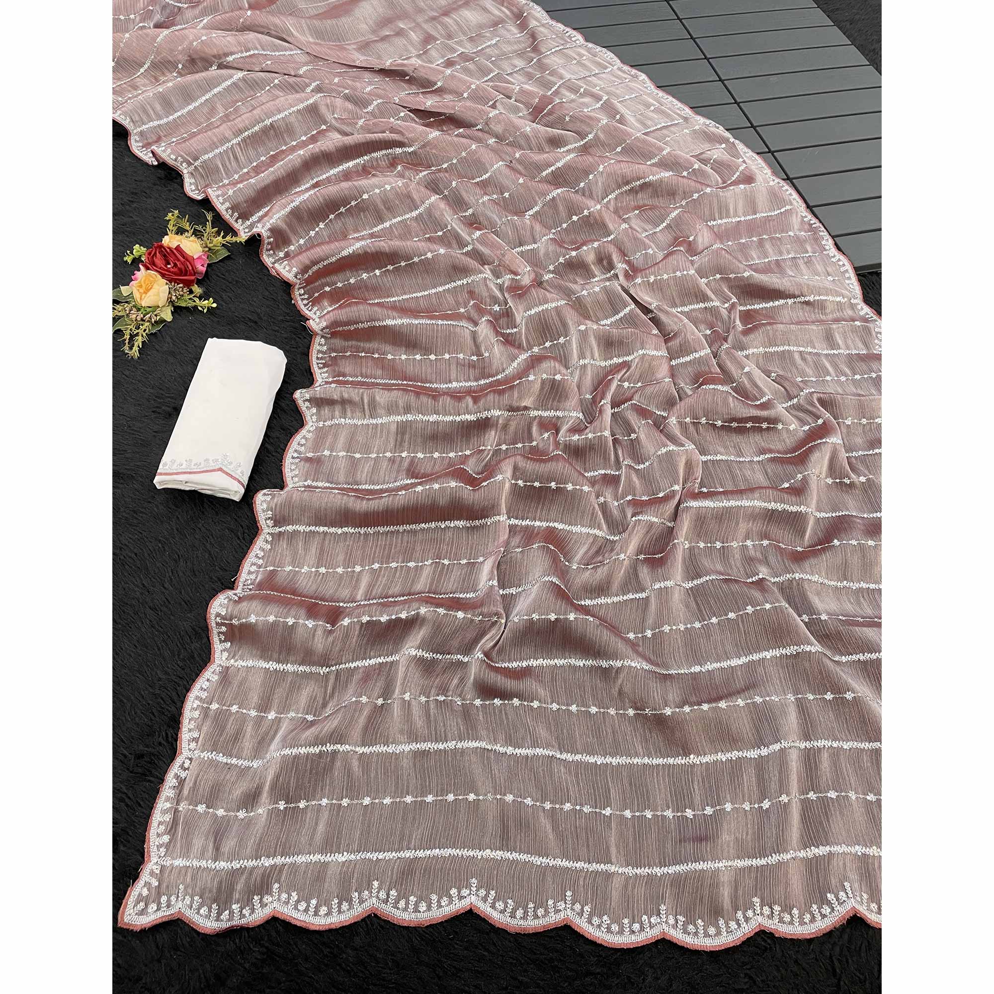 Brown Sequins Work Embroidered Chiffon Saree