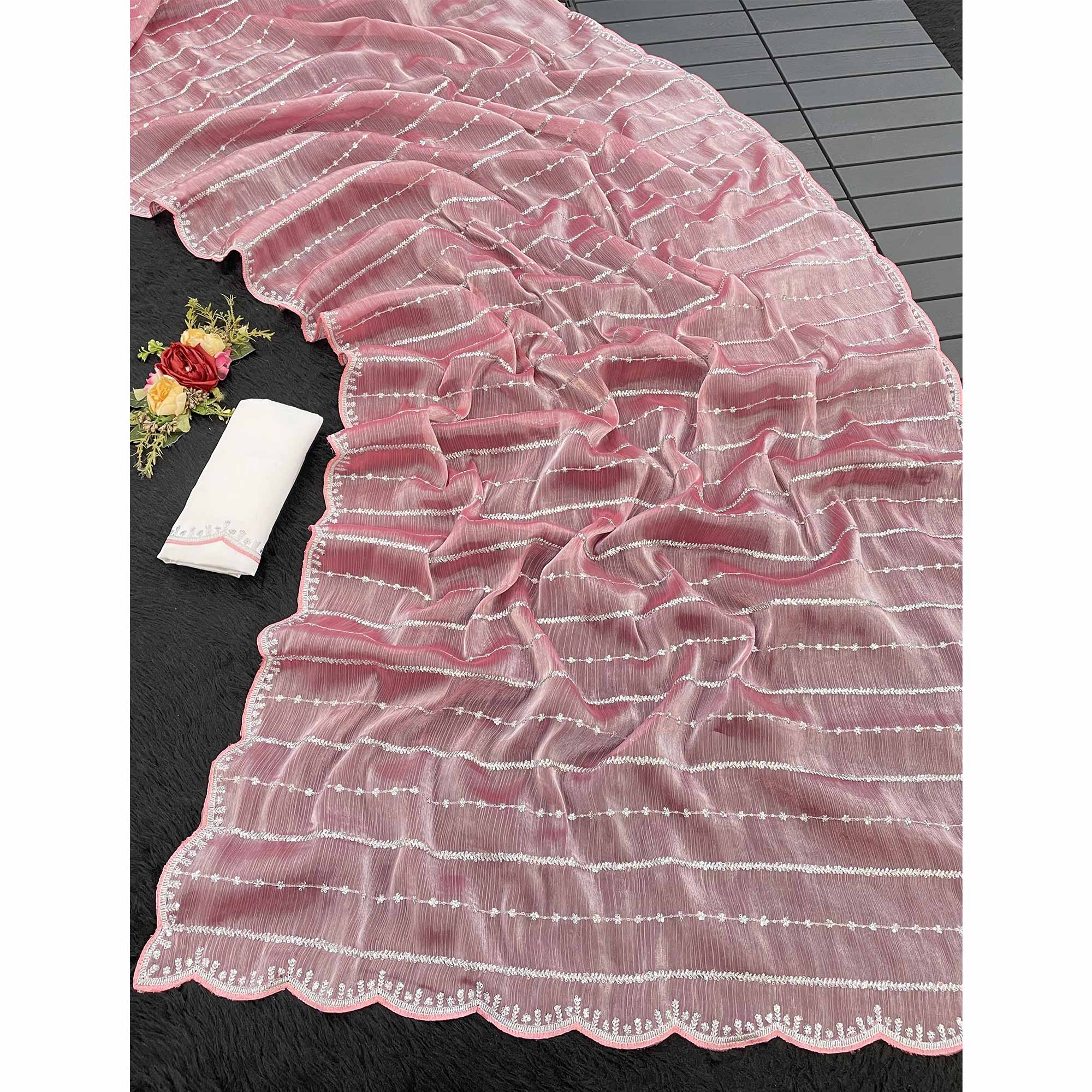 Peach Sequins Work Embroidered Chiffon Saree