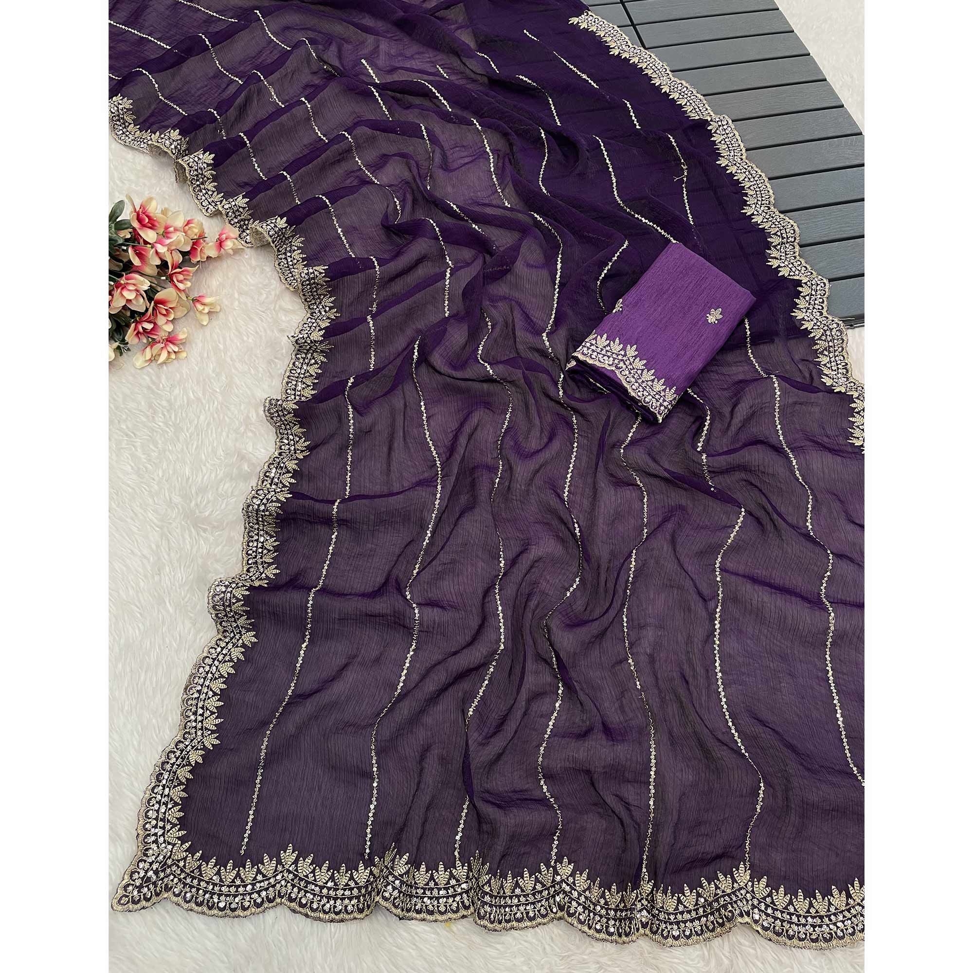 Purple Sequins Work Embroidered Chiffon Saree
