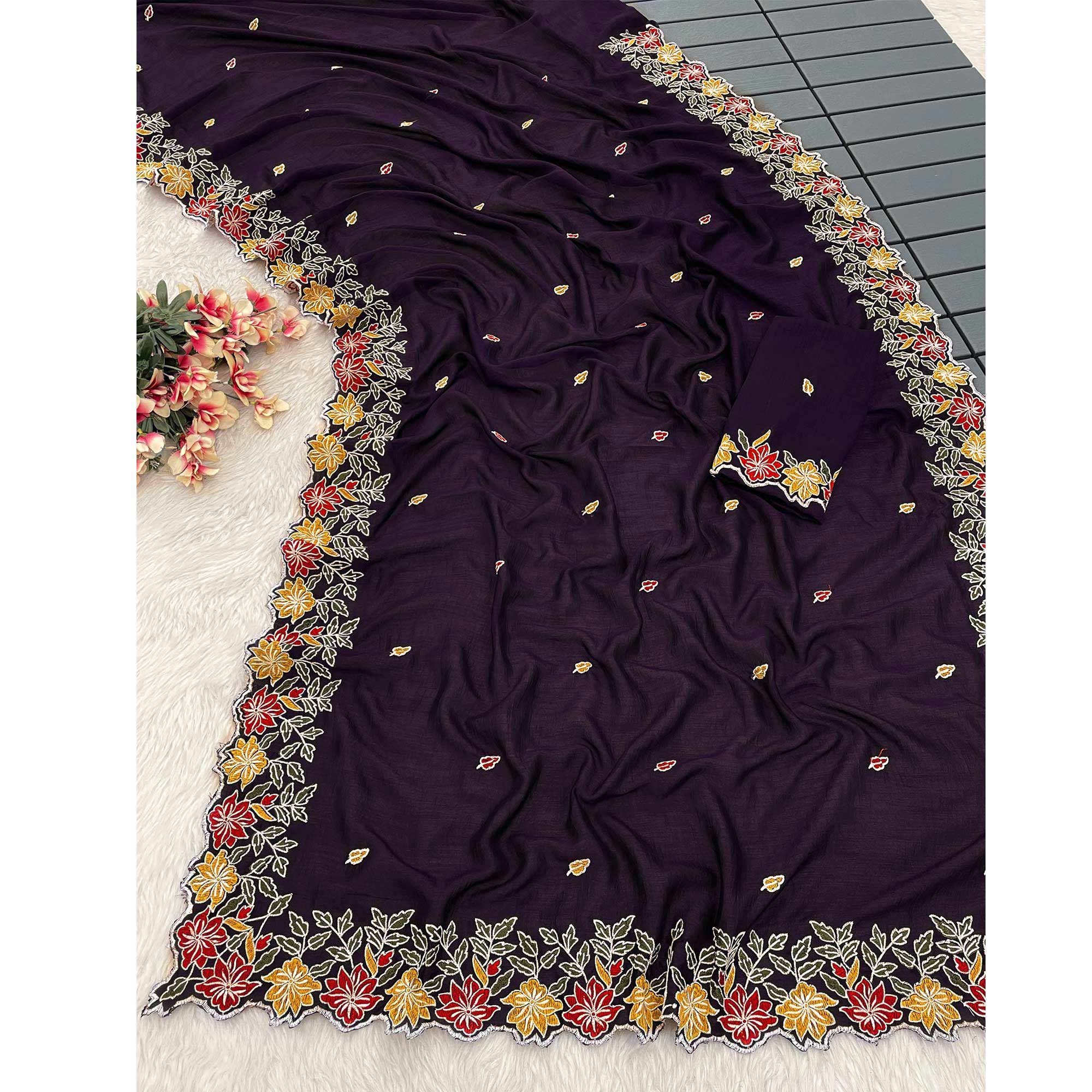 Purple Floral Embroidered Vichitra Silk Saree