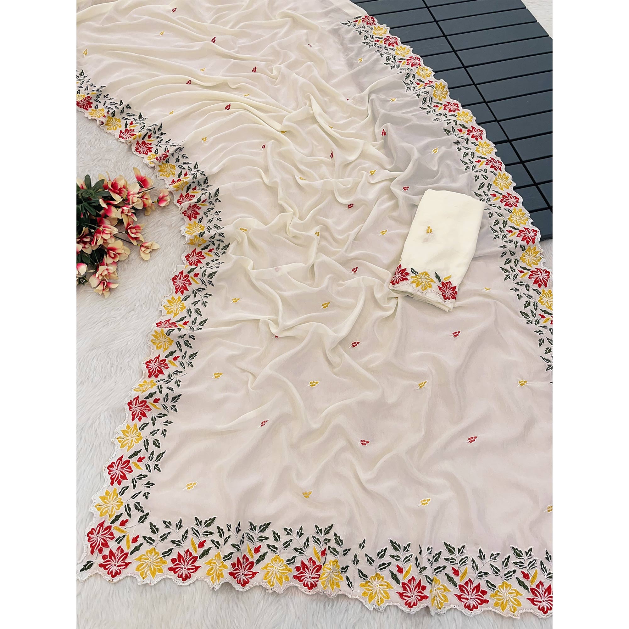 White Floral Embroidered Vichitra Silk Saree