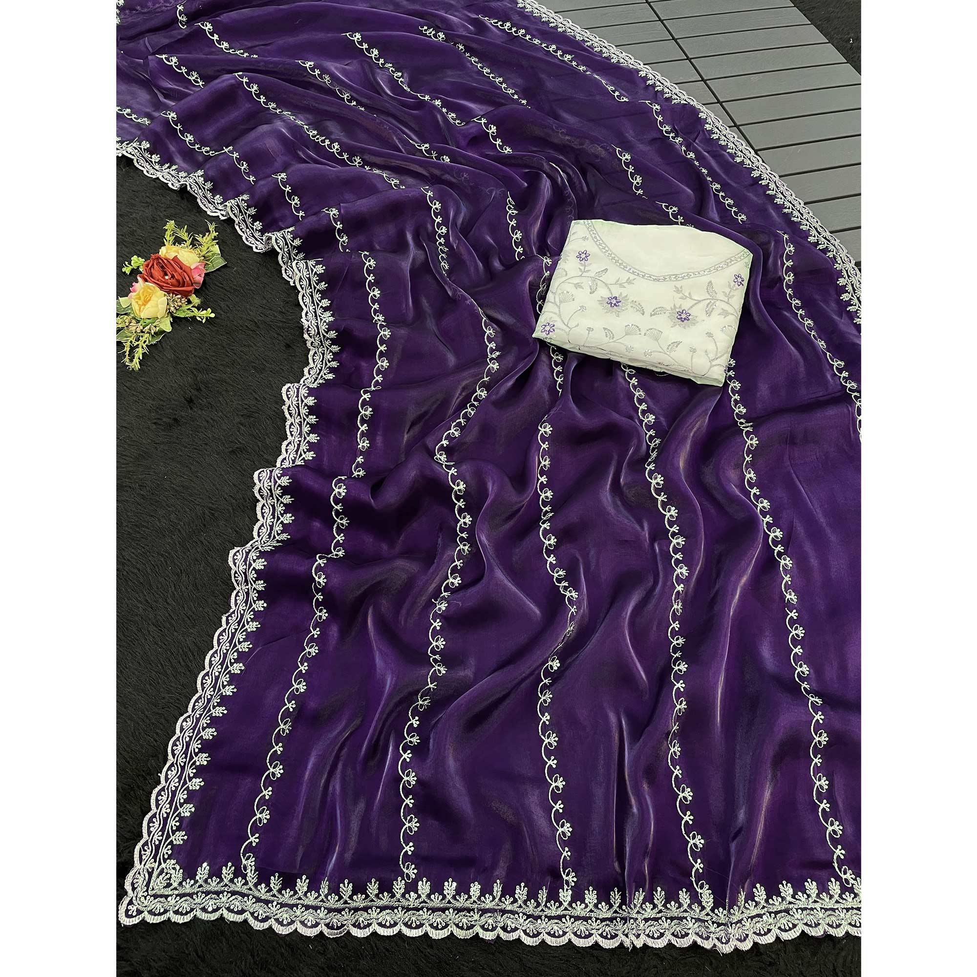 Purple Sequins Embroidered Satin Saree