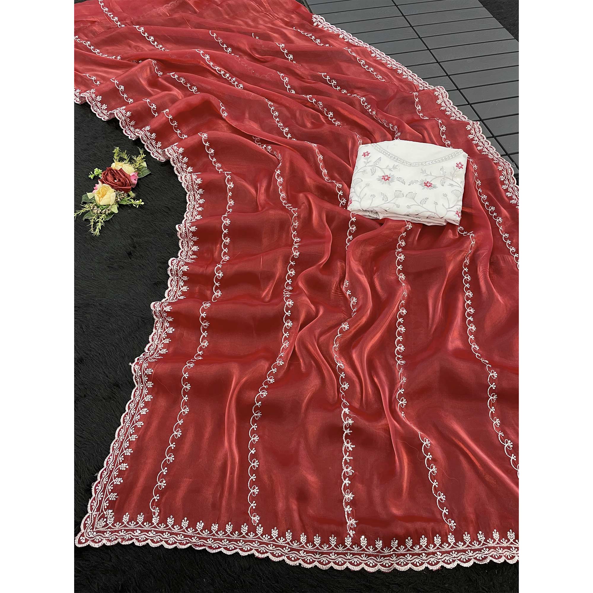 Red Sequins Embroidered Satin Saree