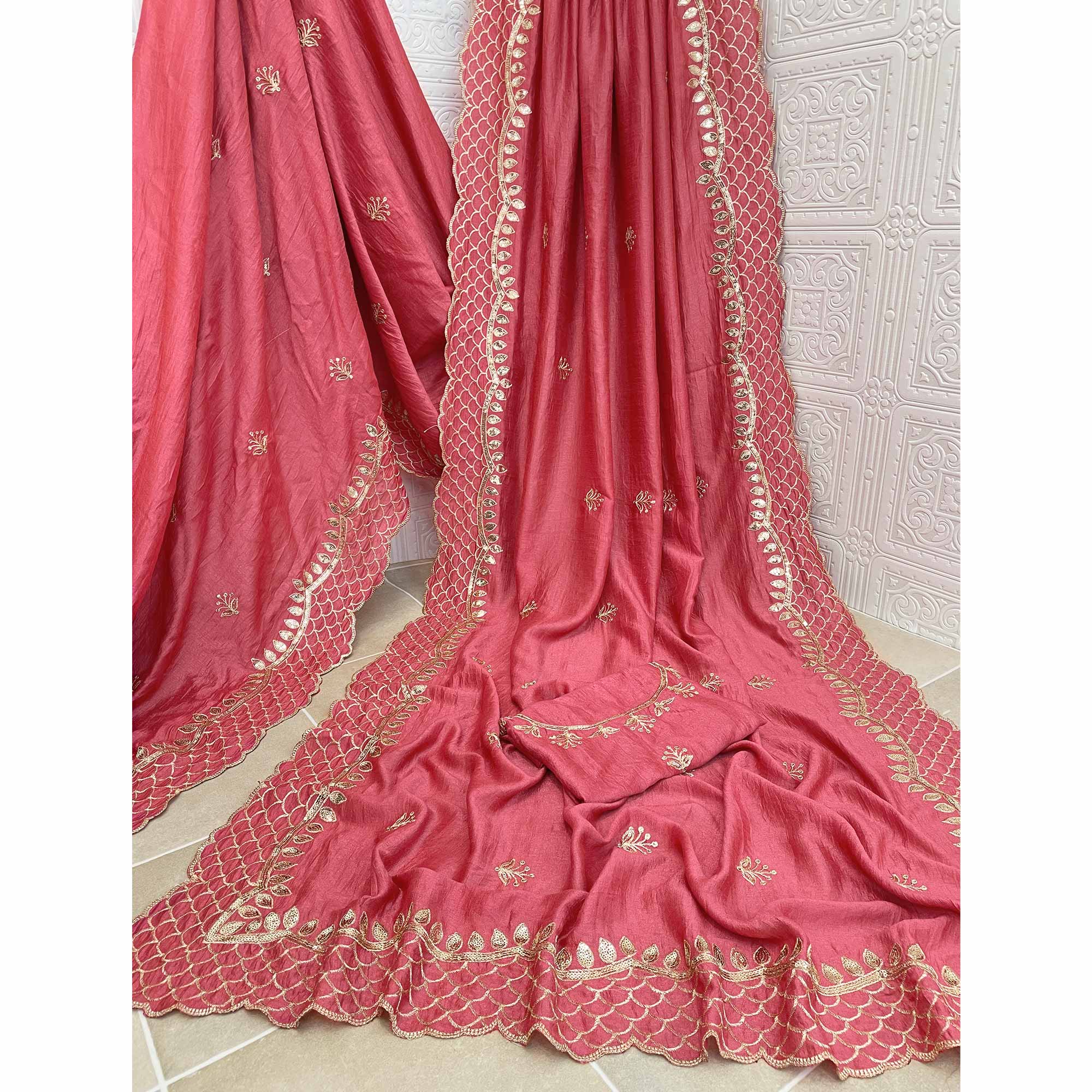 Gajri Pink Sequins Embroidered Vichitra Silk Saree