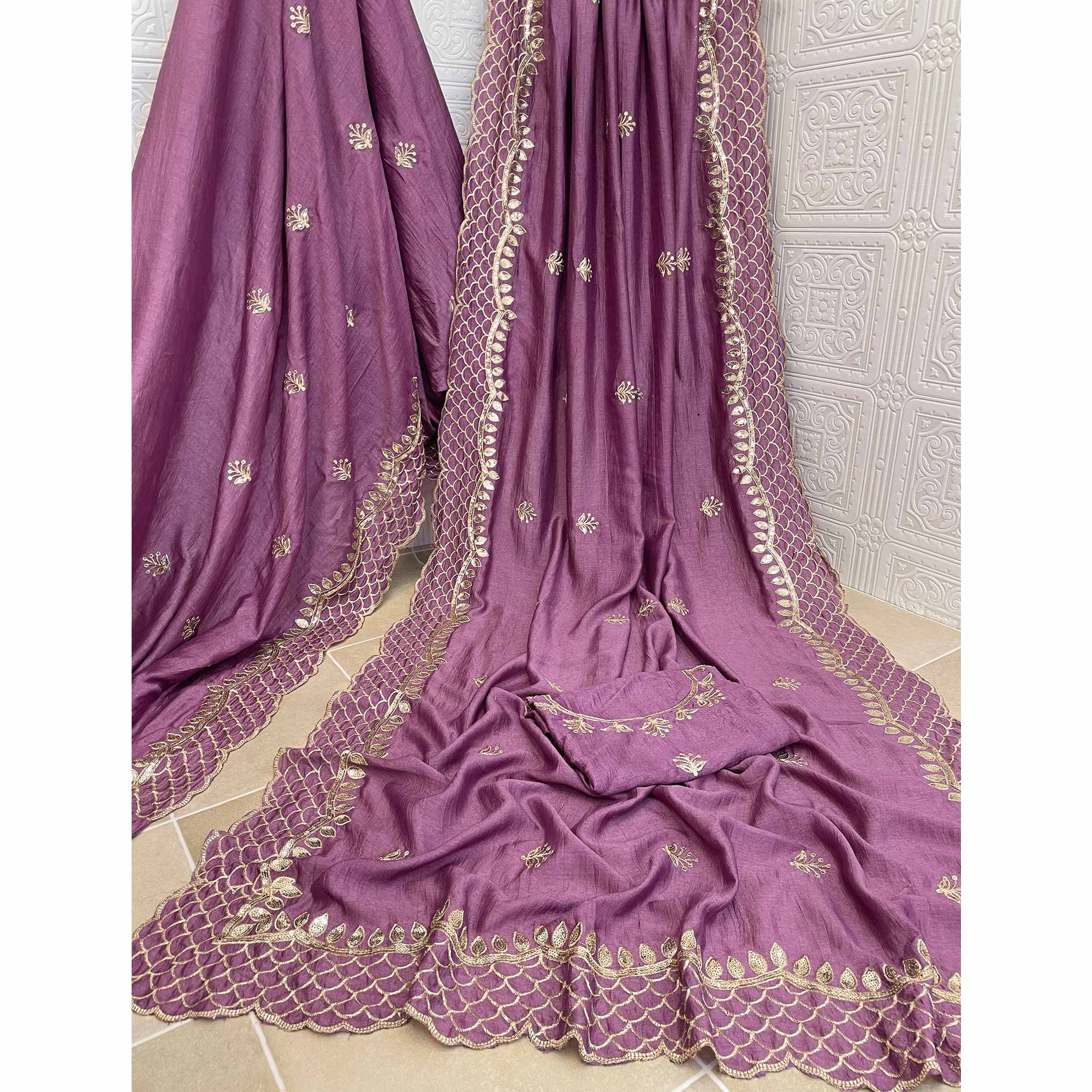 Purple Sequins Embroidered Vichitra Silk Saree