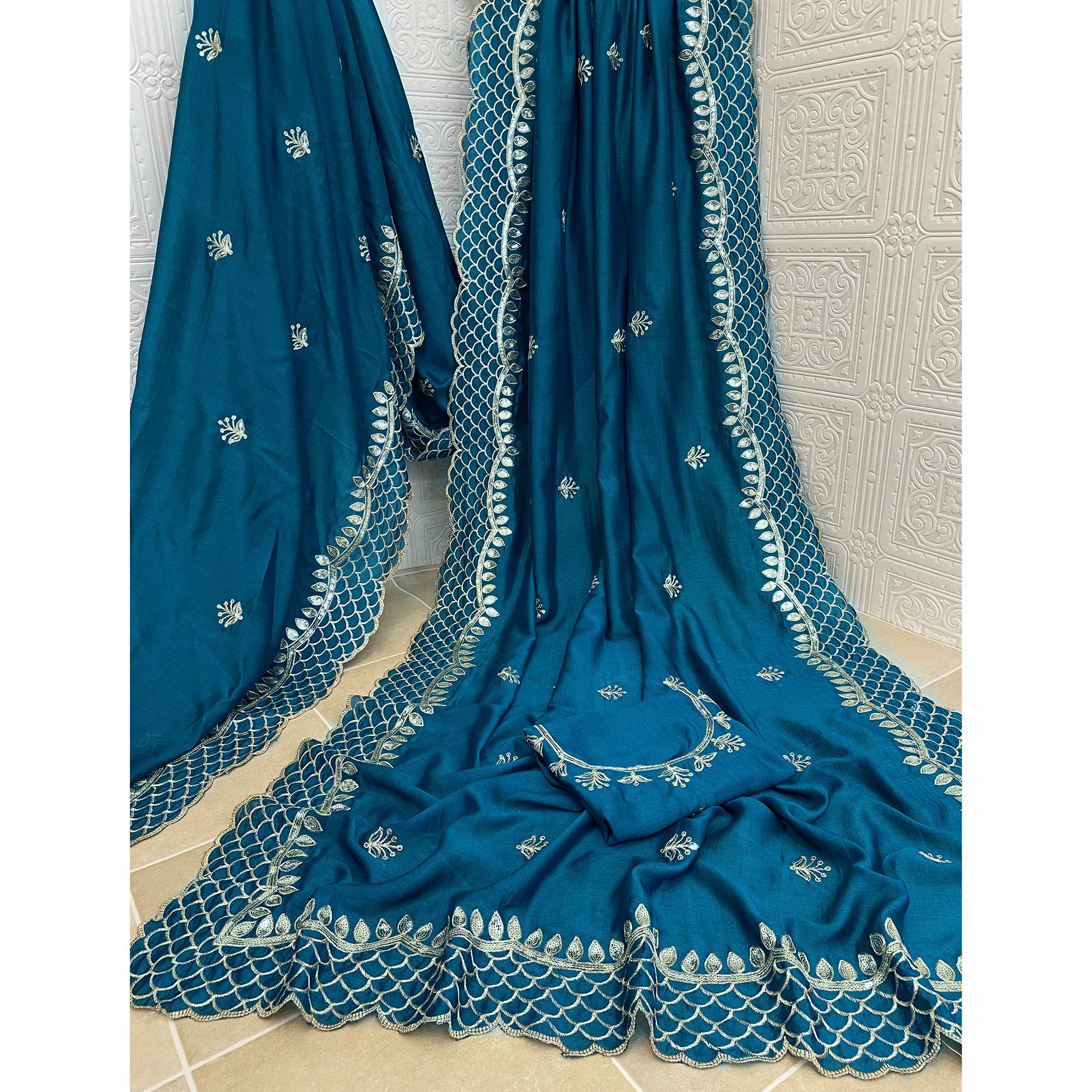 Teal Sequins Embroidered Vichitra Silk Saree