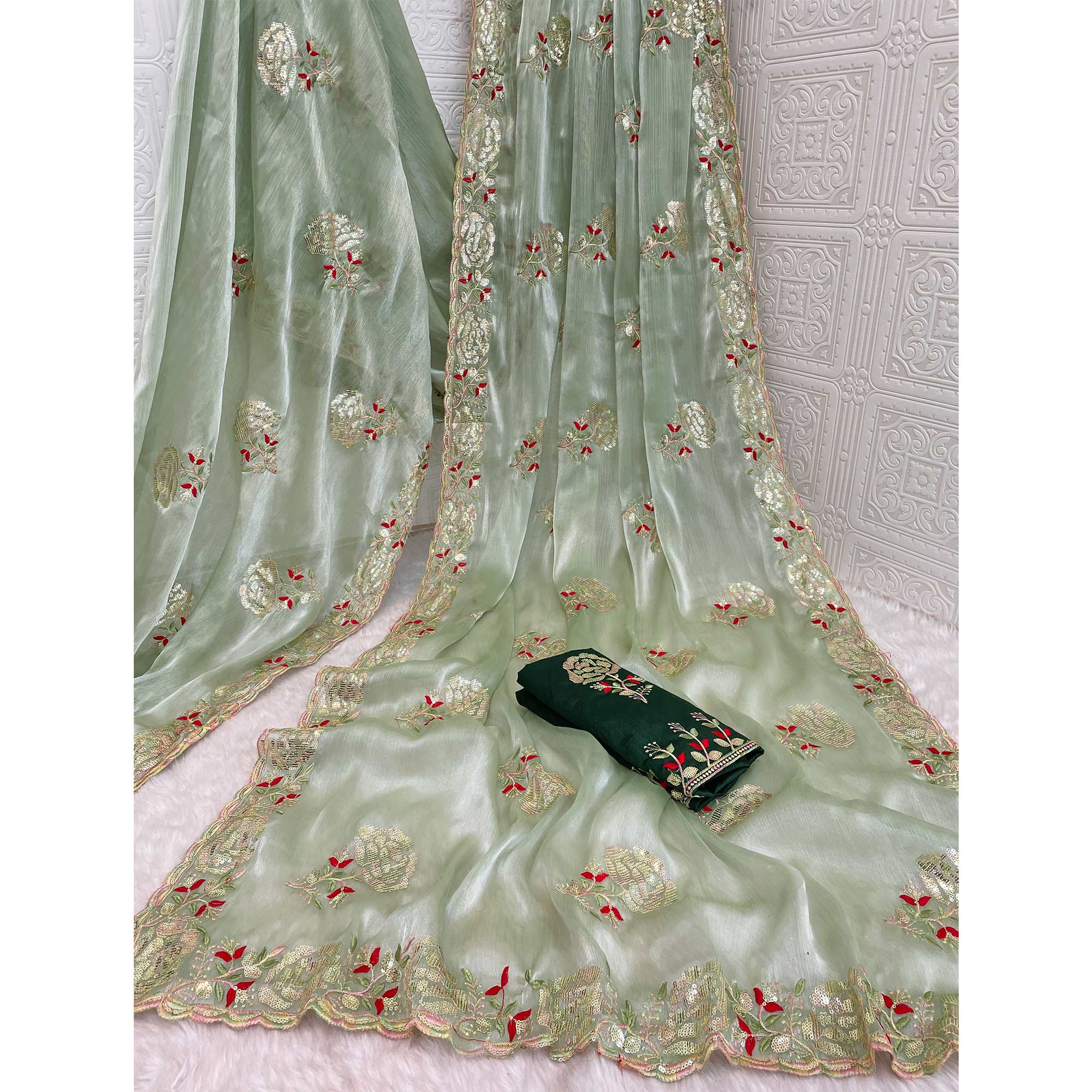 Green Sequins Work Embroidered Chiffon Saree