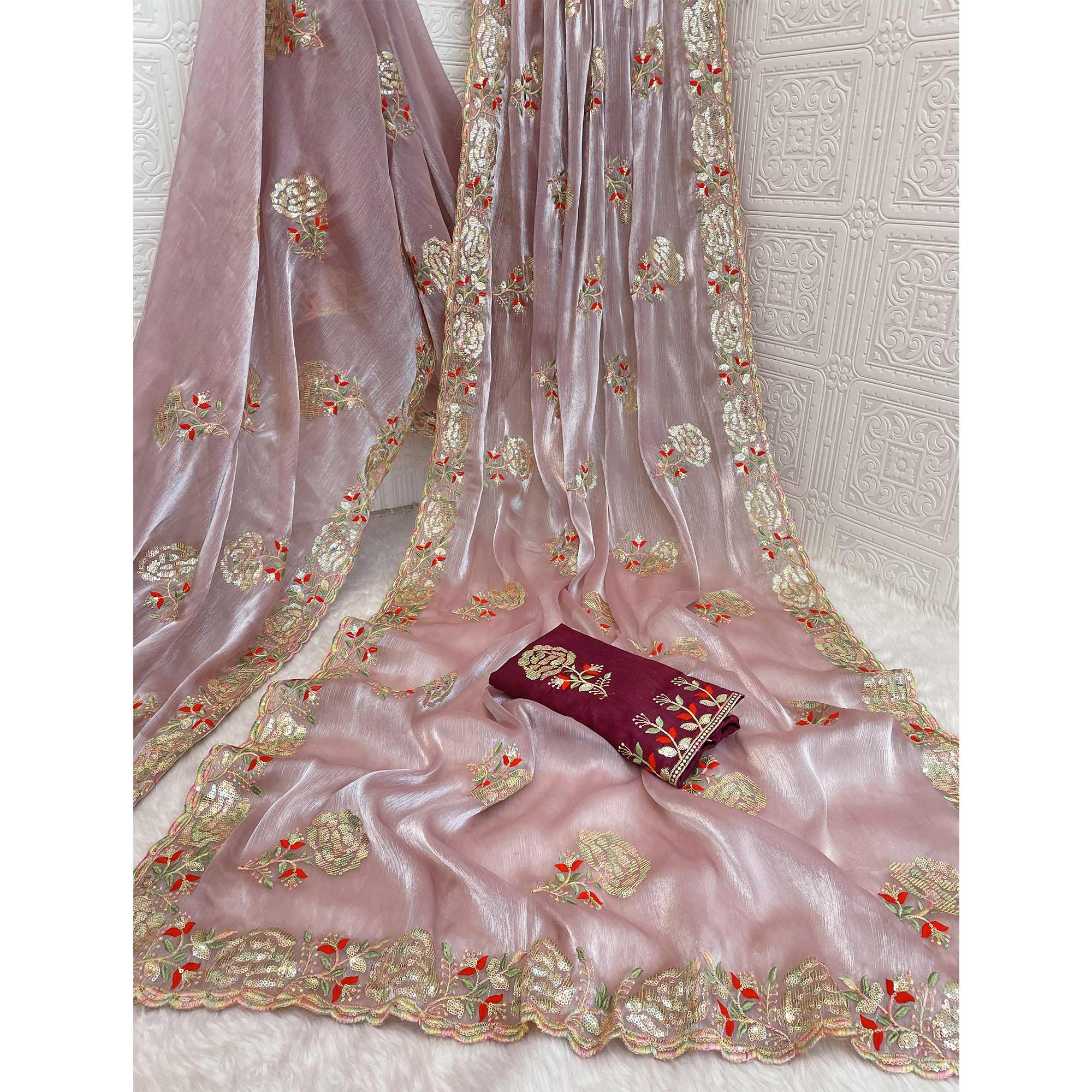 Light Pink Sequins Work Embroidered Chiffon Saree