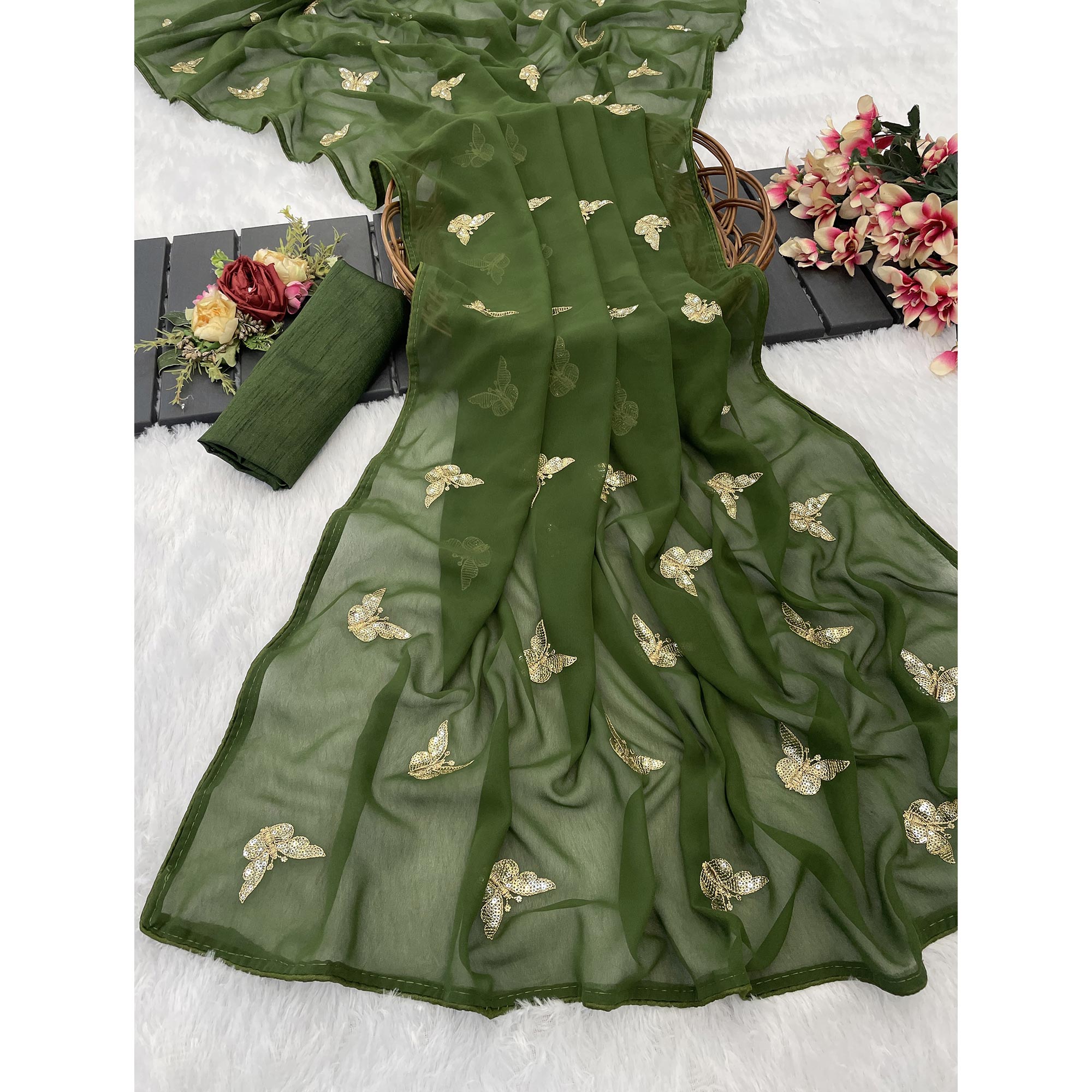 Mehendi Green Embroidered Georgette Saree With Shimmering Butterfly Sequin Work