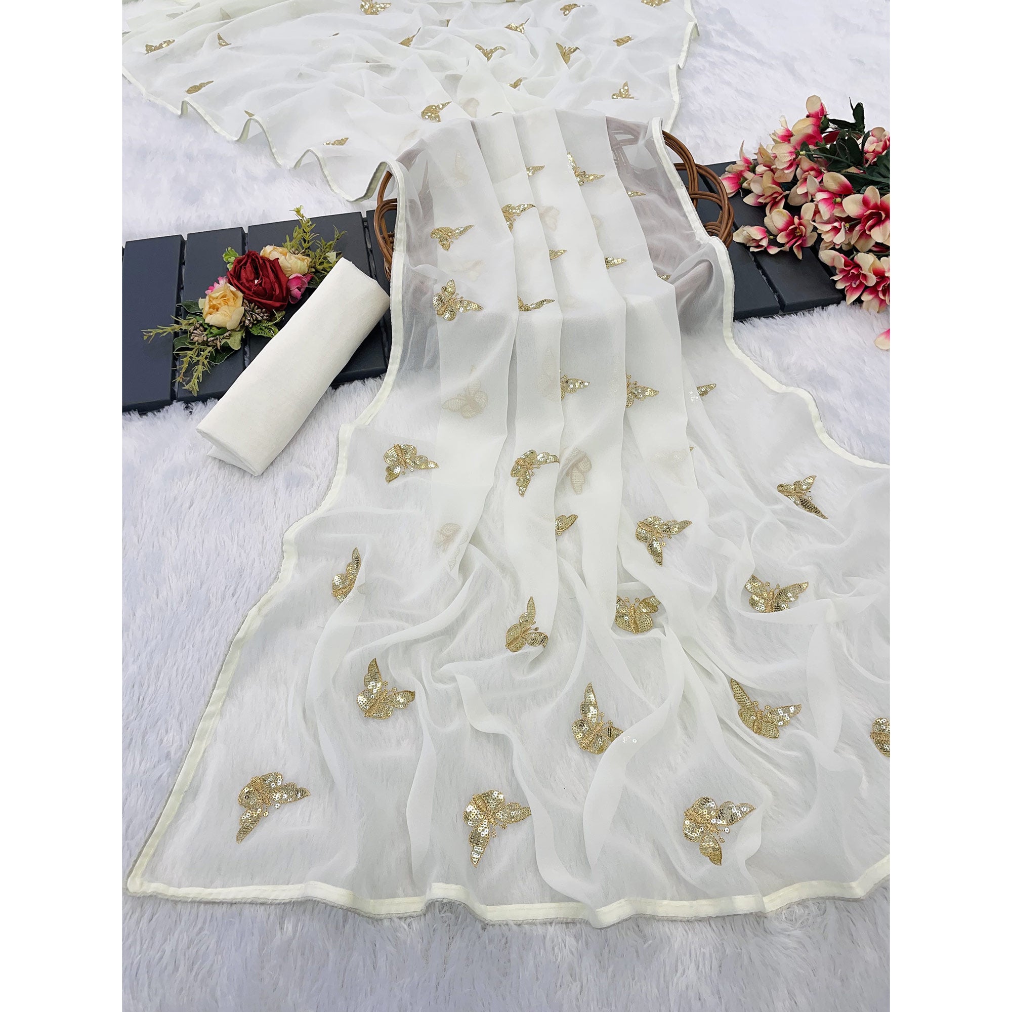 Offwhite Embroidered Georgette Saree With Shimmering Butterfly Sequin Work