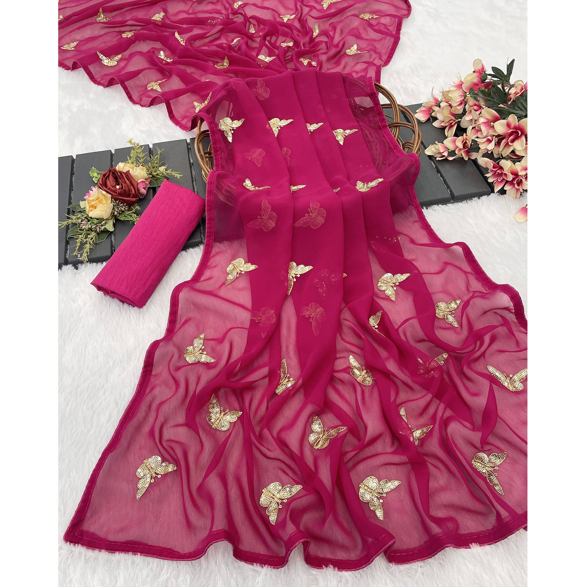 Pink Embroidered Georgette Saree With Shimmering Butterfly Sequin Work