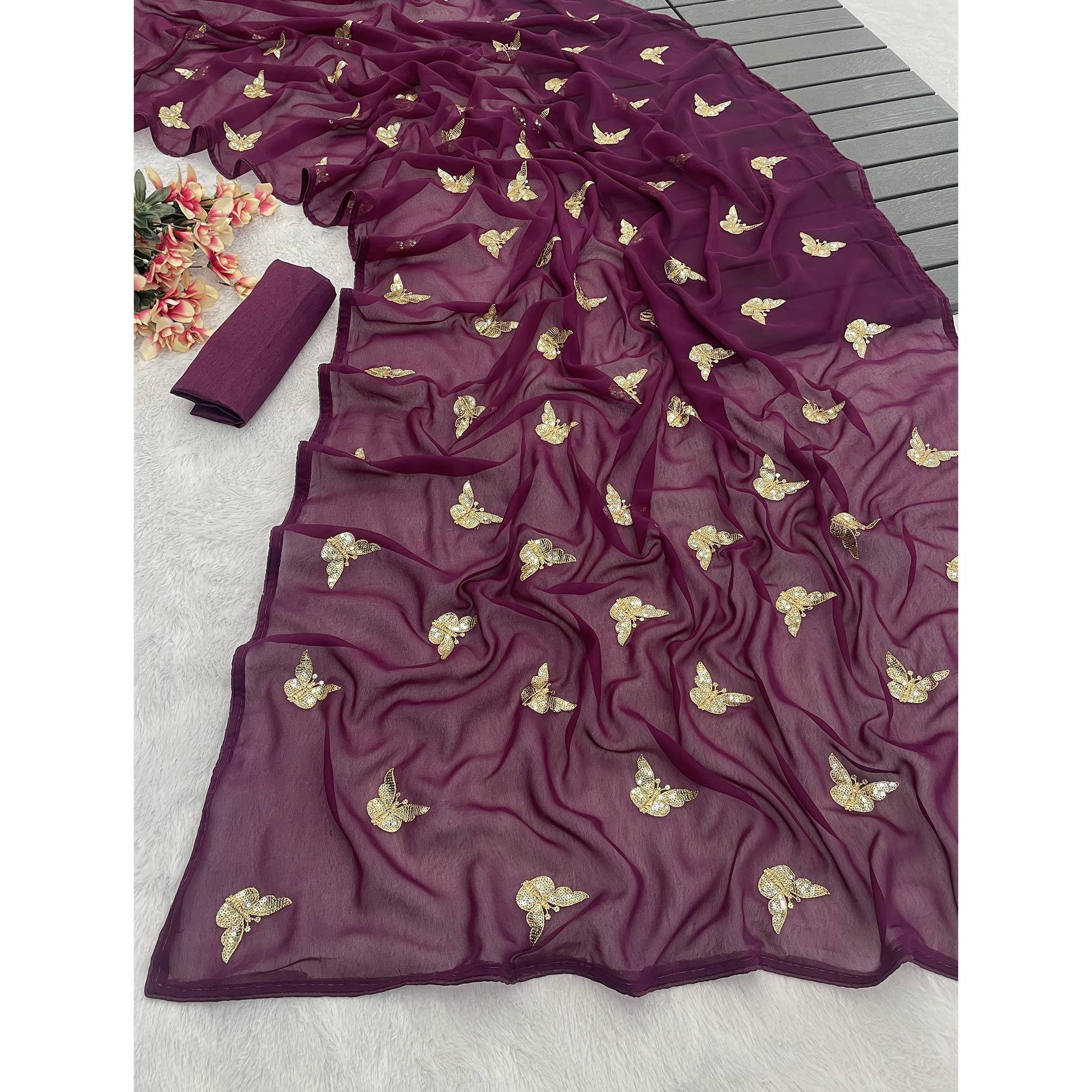 Wine Embroidered Georgette Saree With Shimmering Butterfly Sequin Work