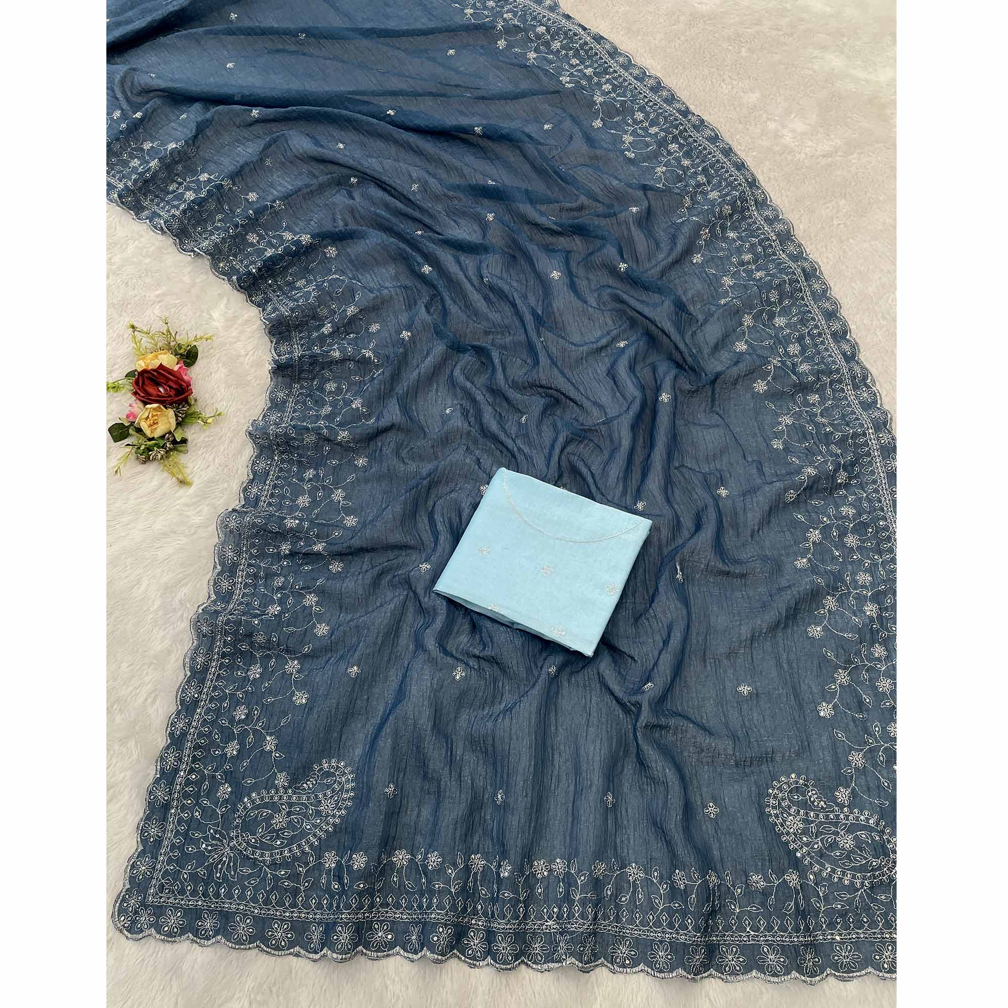 Dusty Blue Silk Blend Crush Saree Adorned With Floral Thread Embroidery & Sequins
