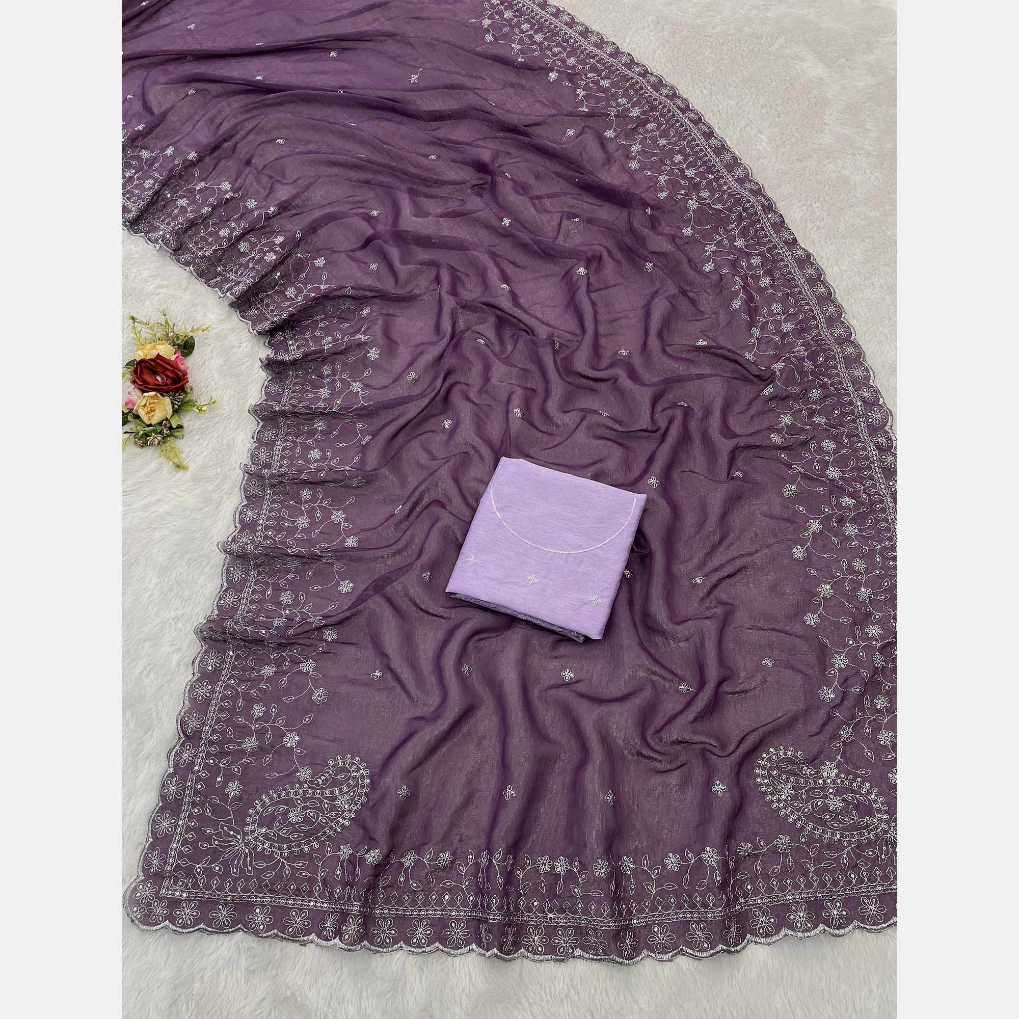 Dusty Lavender  Silk Blend Crush Saree Adorned With Floral Thread Embroidery & Sequins