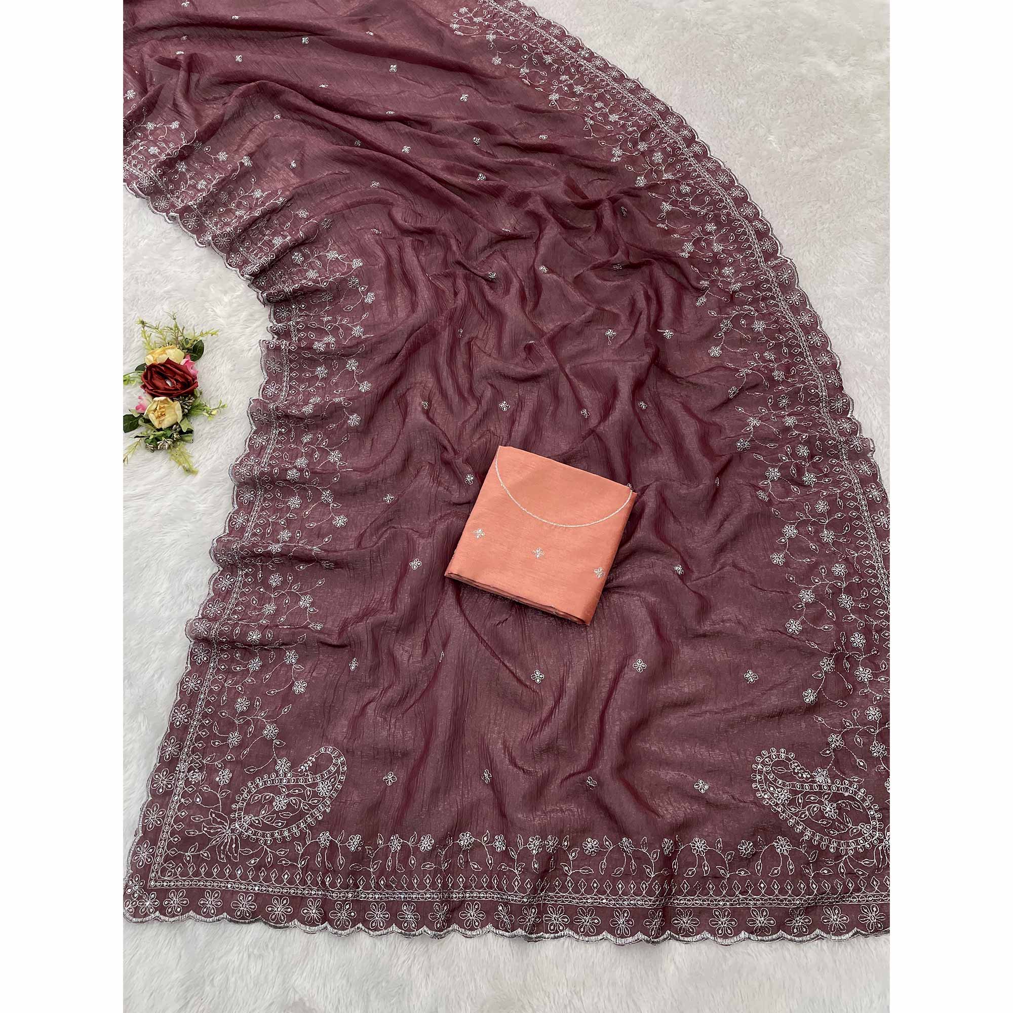 Dusty Maroon Silk Blend Crush Saree Adorned With Floral Thread Embroidery & Sequins