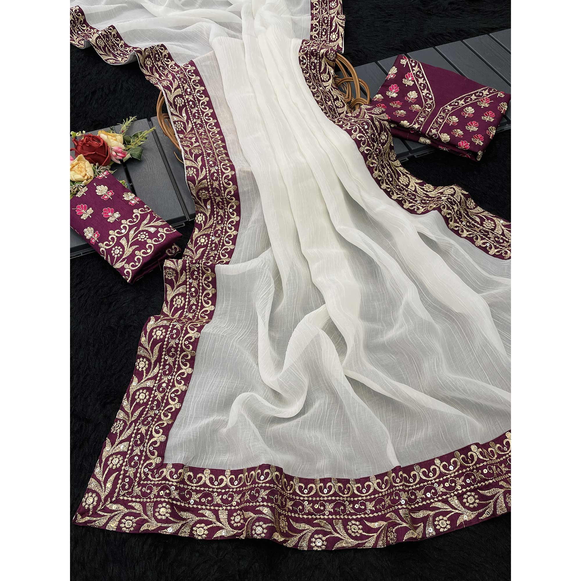 Offwhite Solid Crunchy Silk Blend Saree With Sequins Embroidery Border Work