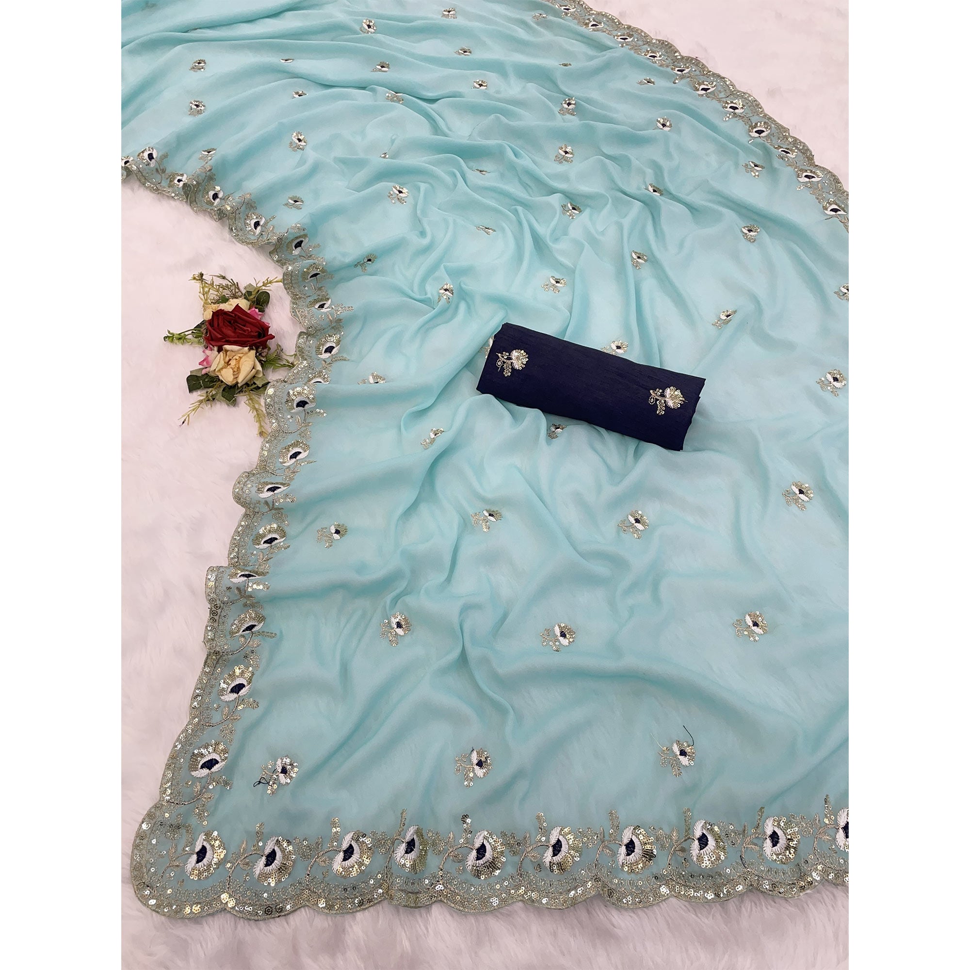 Blue Georgette Silk Saree With Floral Sequin Embroidery & Graceful Cutwork Detailing Border