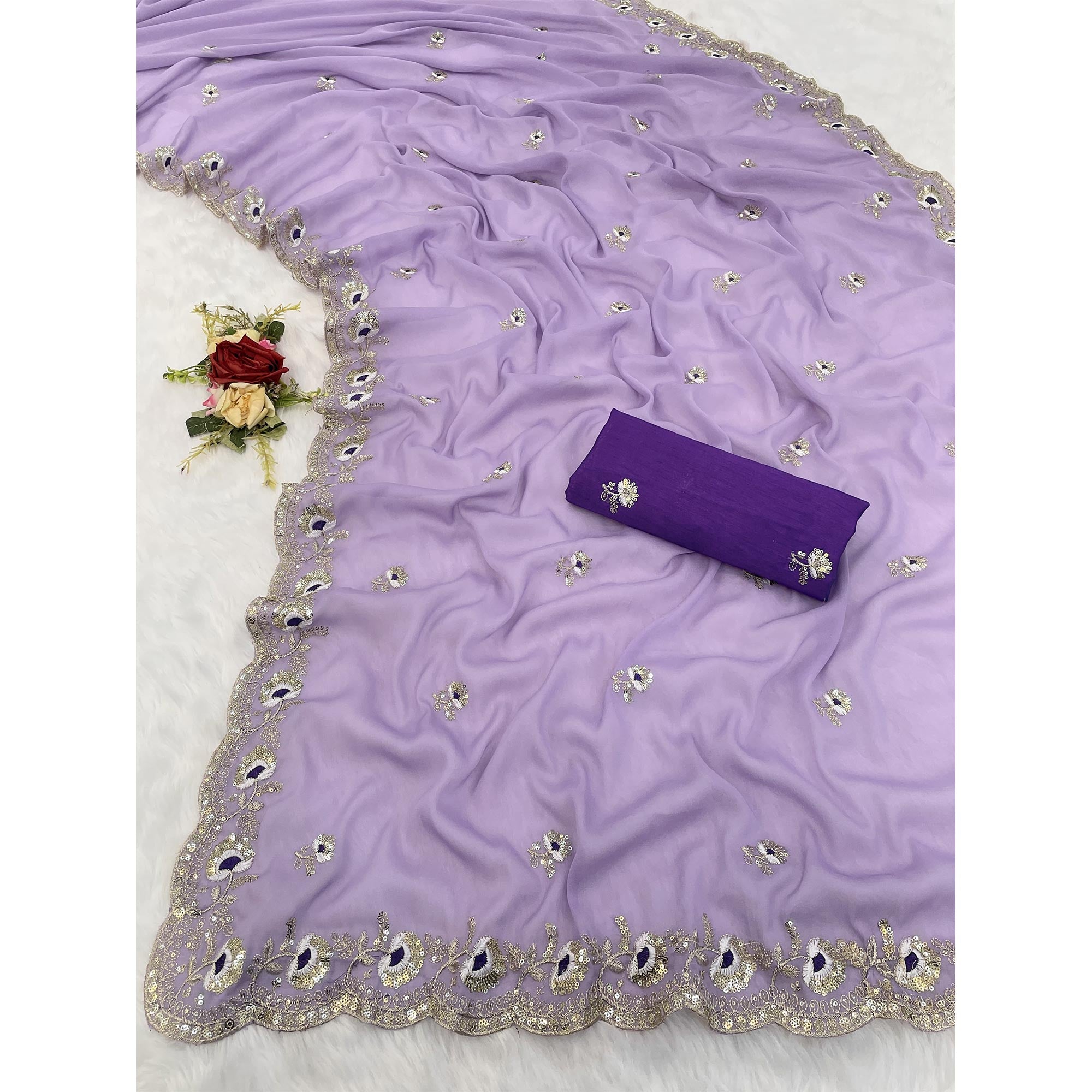 Lavender Georgette Silk Saree With Floral Sequin Embroidery & Graceful Cutwork Detailing Border