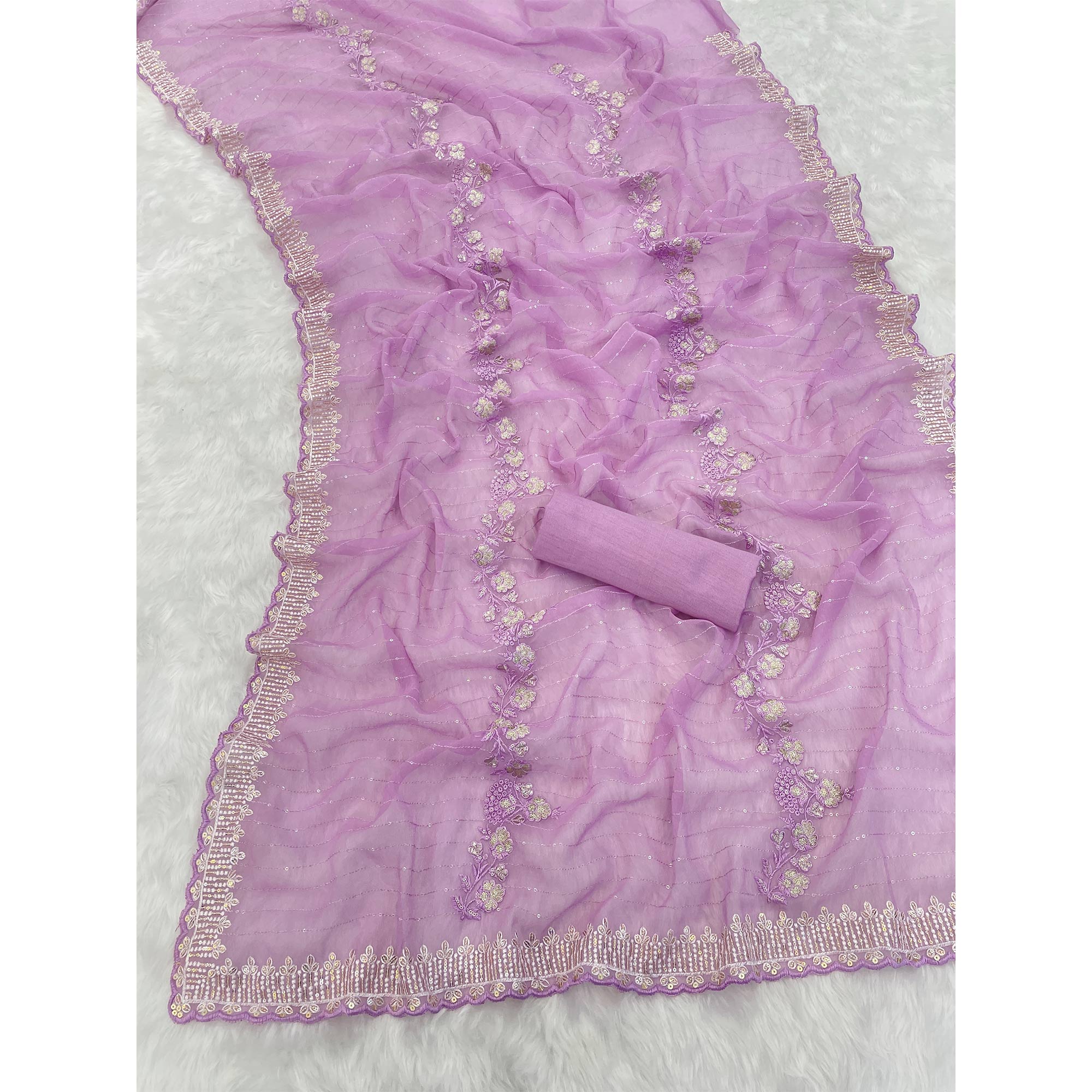 Light Purple Shimmer Chiffon Saree with Floral Sequin Embroidery & Elegant Cutwork Border