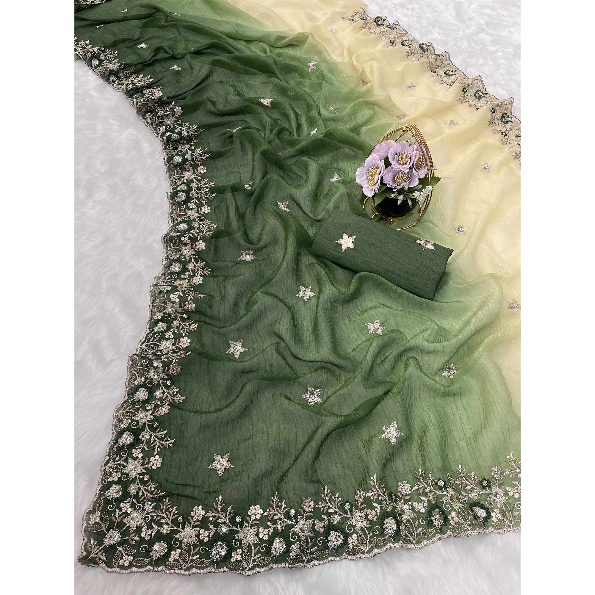 Green Crunchy Crush Saree Featuring Floral Thread Embroidery & Sequins Embellishment