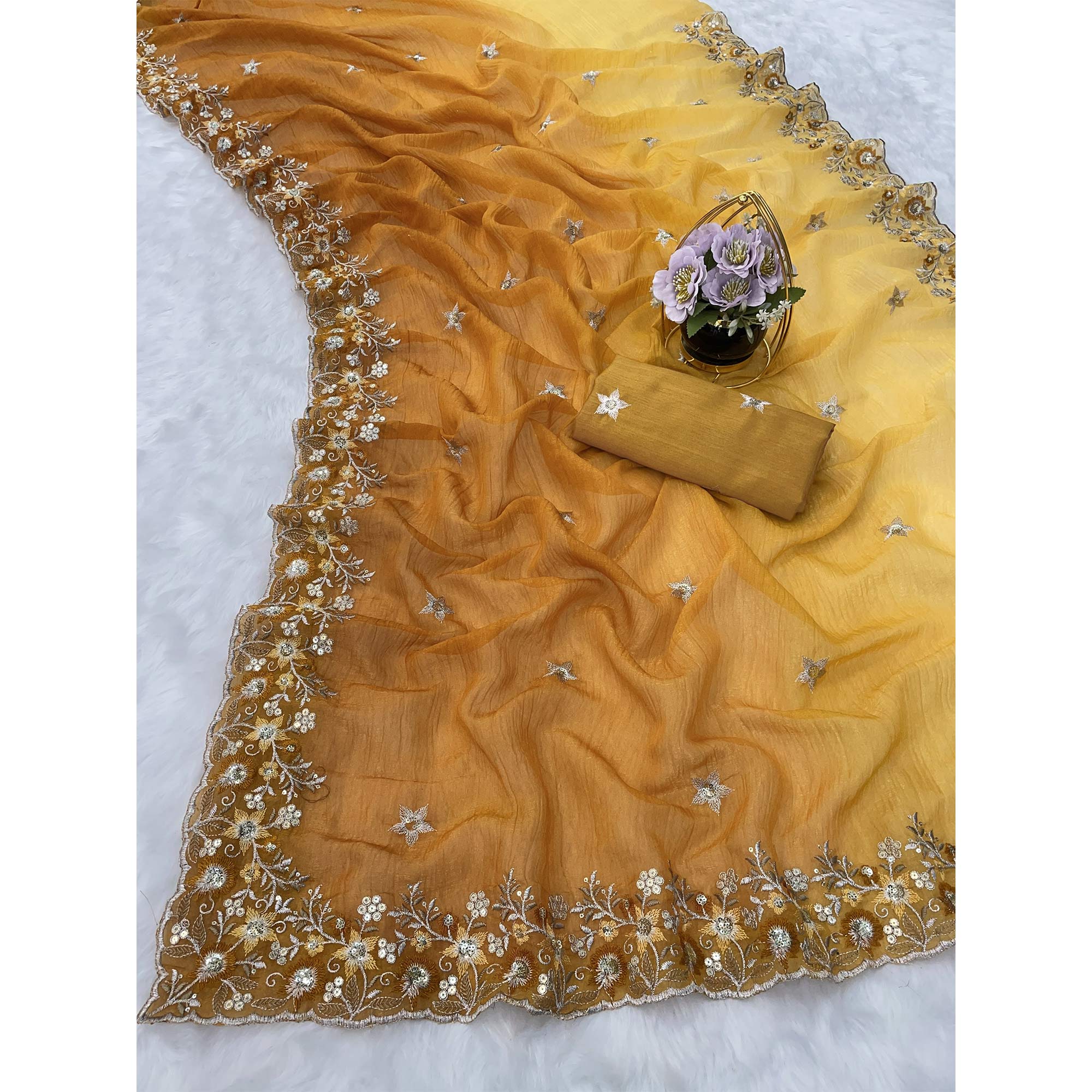 Mustard Crunchy Crush Saree Featuring Floral Thread Embroidery & Sequins Embellishment