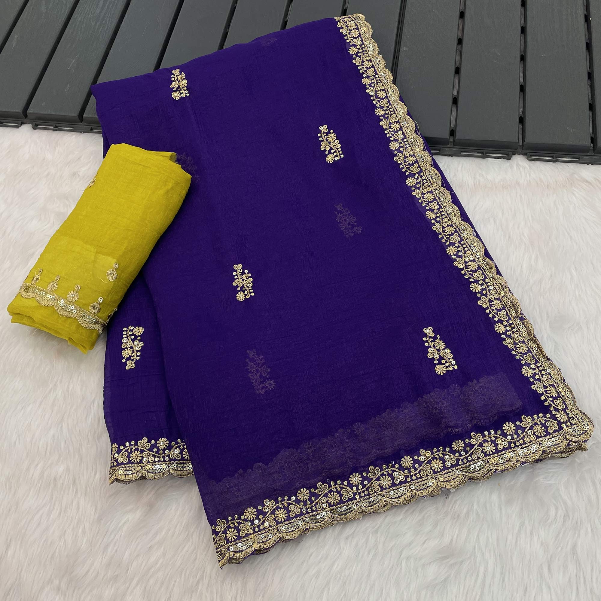 Royal Purple Crunchy Crush Saree Adorned With Floral Thread Embroidery & Gleaming Sequins Detailing