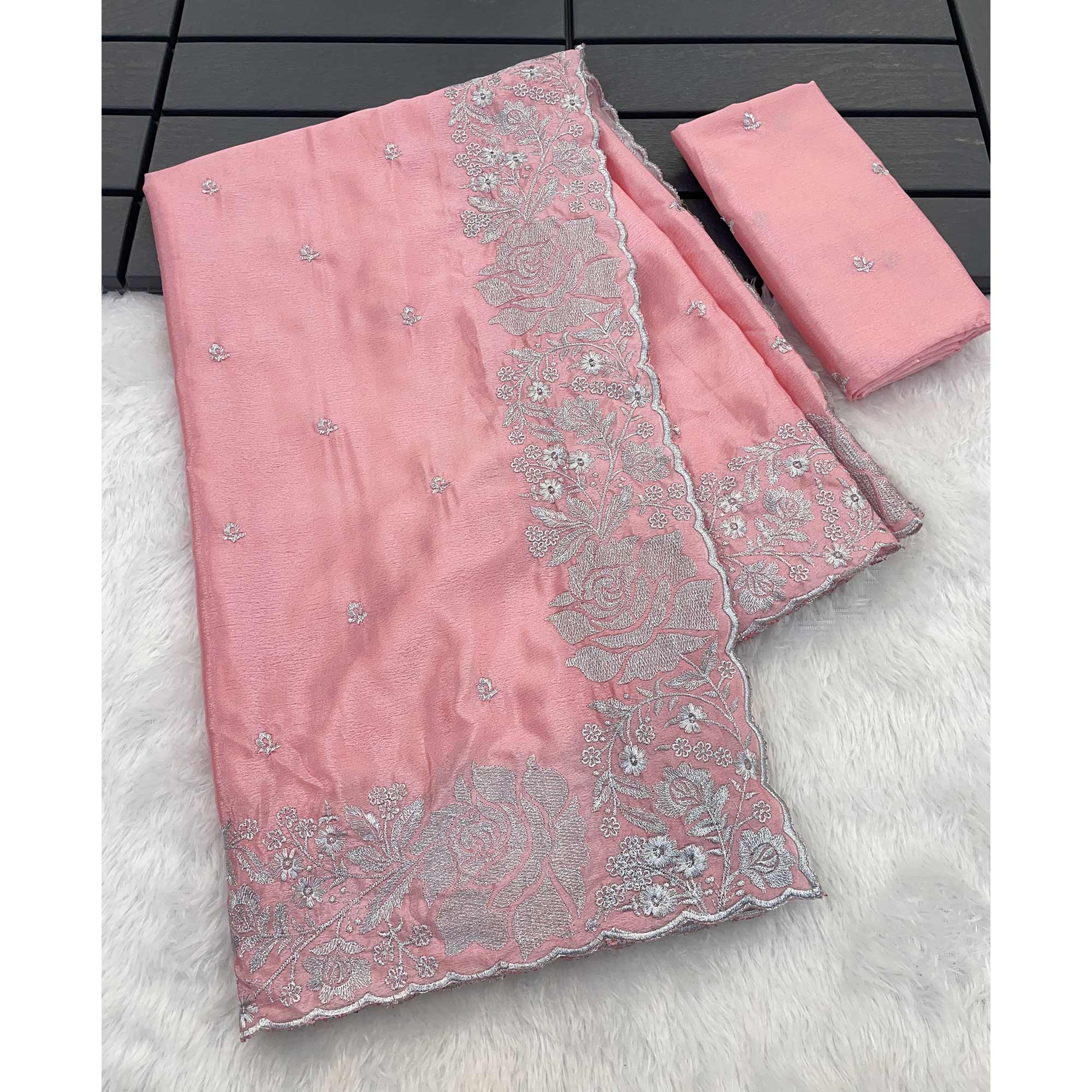 Graceful Baby Pink Chinon Chiffon Saree With Intricate Floral Zari Embroidery