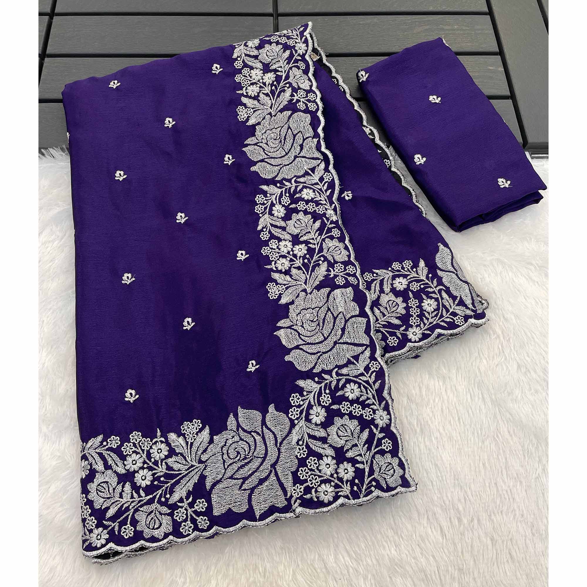 Luxurious Royal Purple Saree Adorned With Delicate Floral Zari Work On Chinon Chiffon