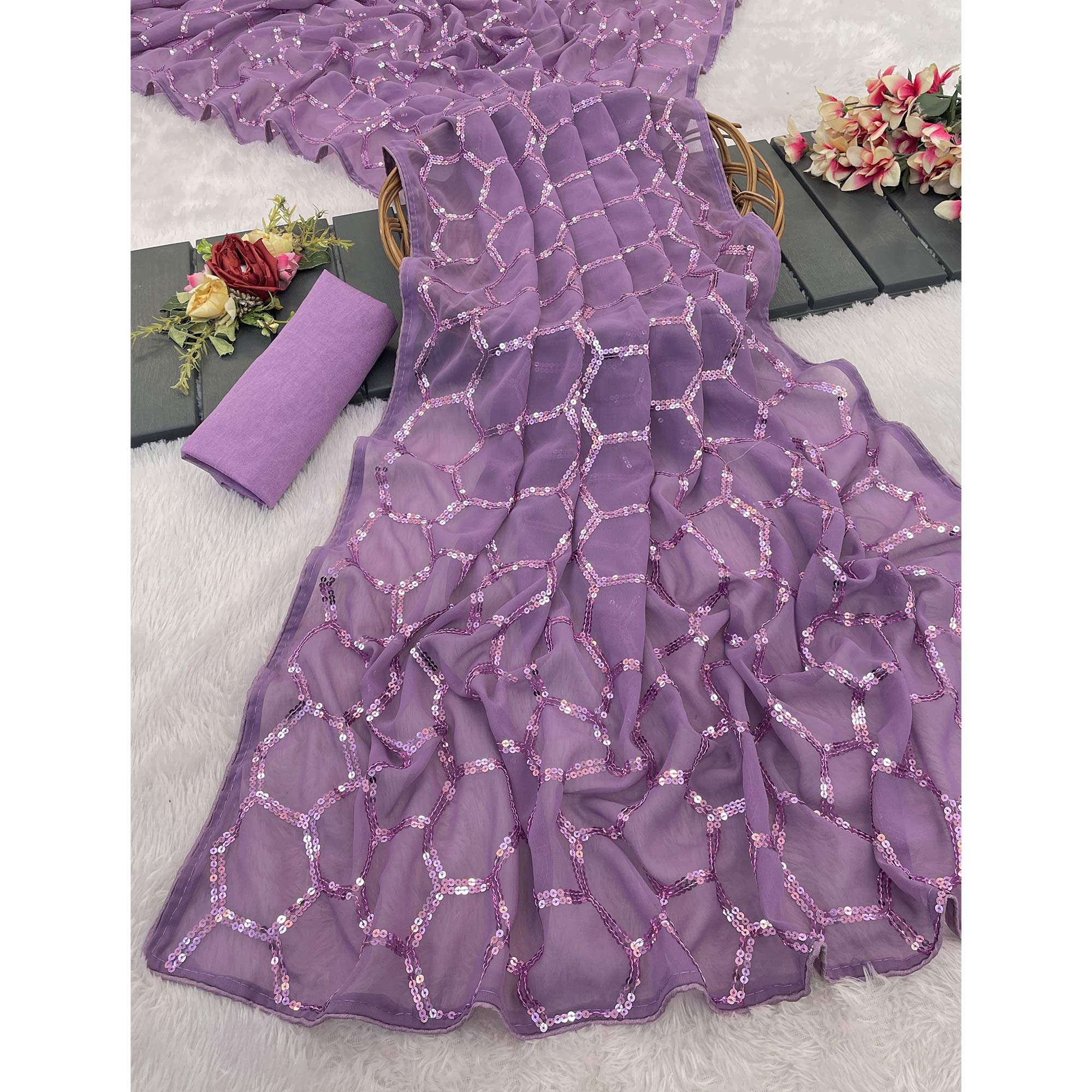 Lilac Purple Georgette Silk Saree Embellished With Sparkling Sequins Embroidery & Piping Border