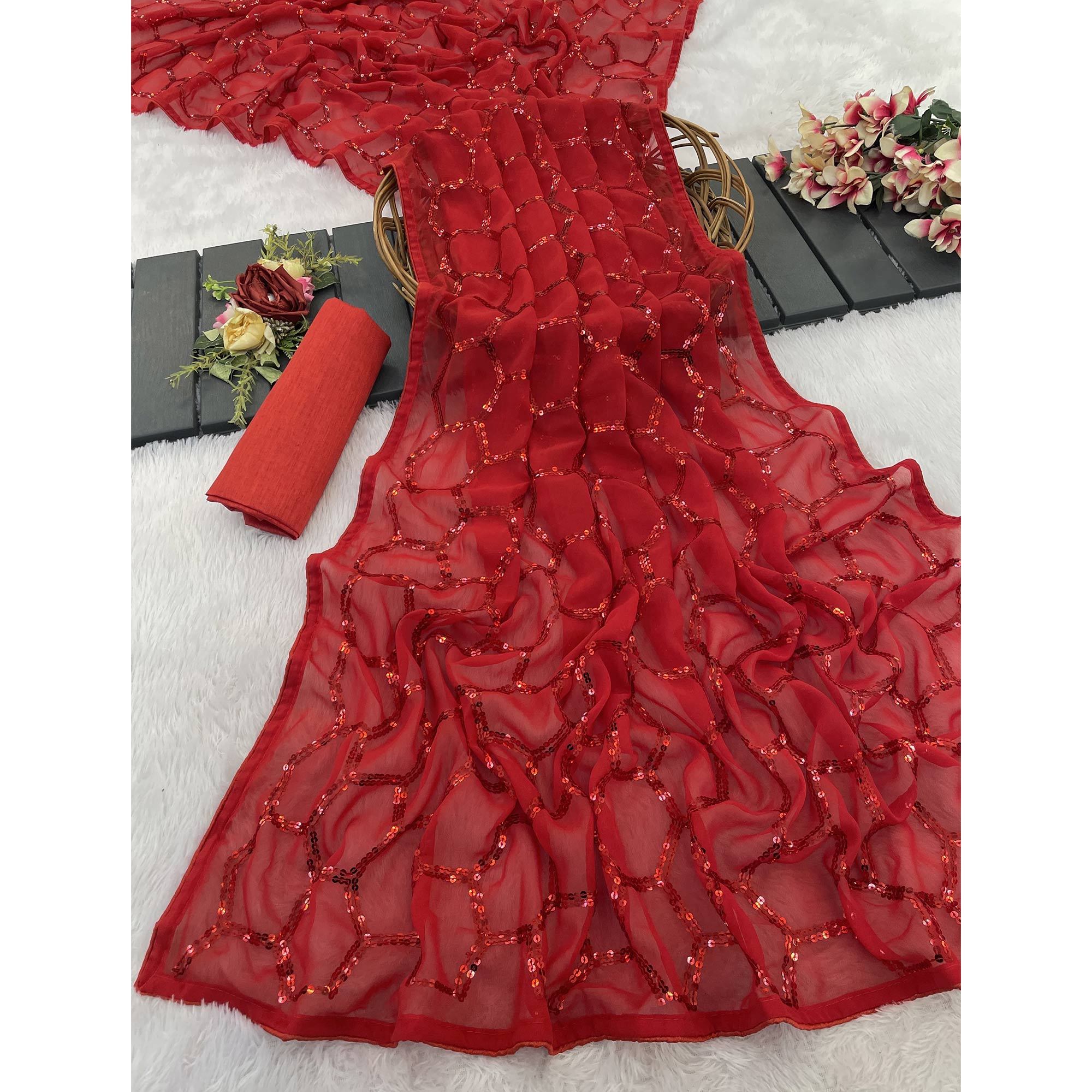 Red Georgette Silk Saree Embellished With Sparkling Sequins Embroidery & Piping Border