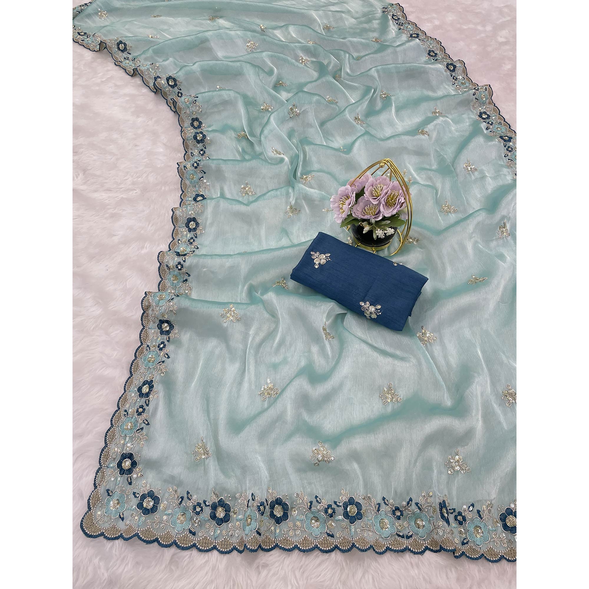 Blue Jimmy Choo Chiffon Saree Adorned With Floral Embroidery & Delicate Sequins Work