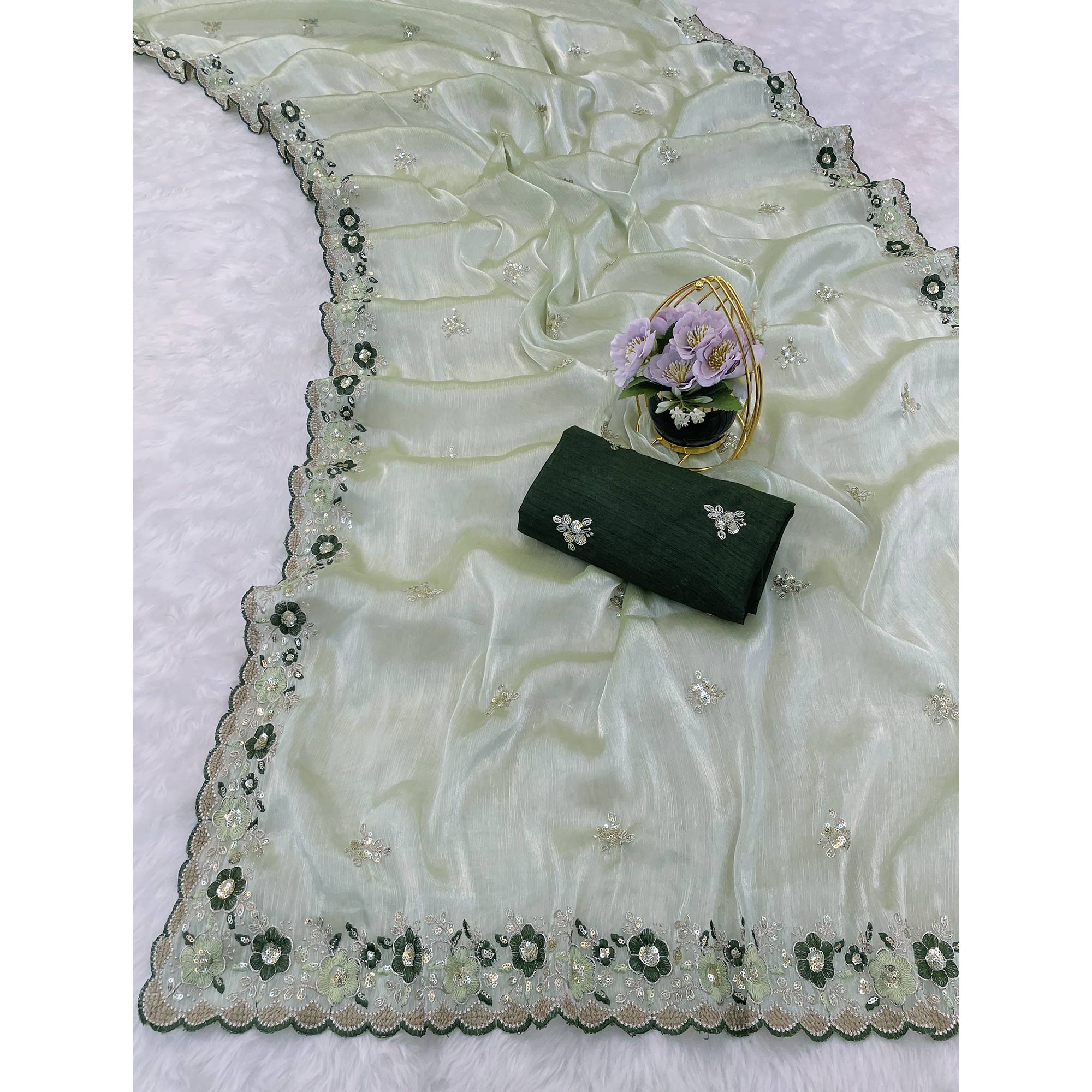 Green Jimmy Choo Chiffon Saree Adorned With Floral Embroidery & Delicate Sequins Work
