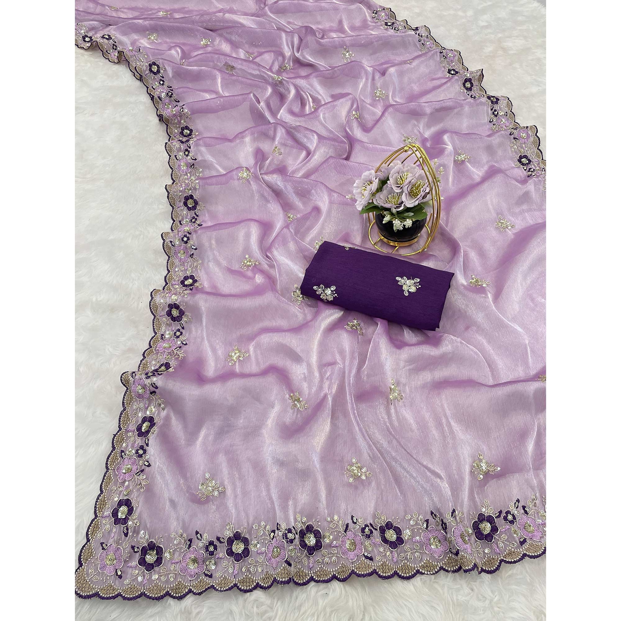 Lavender Jimmy Choo Chiffon Saree Adorned With Floral Embroidery & Delicate Sequins Work