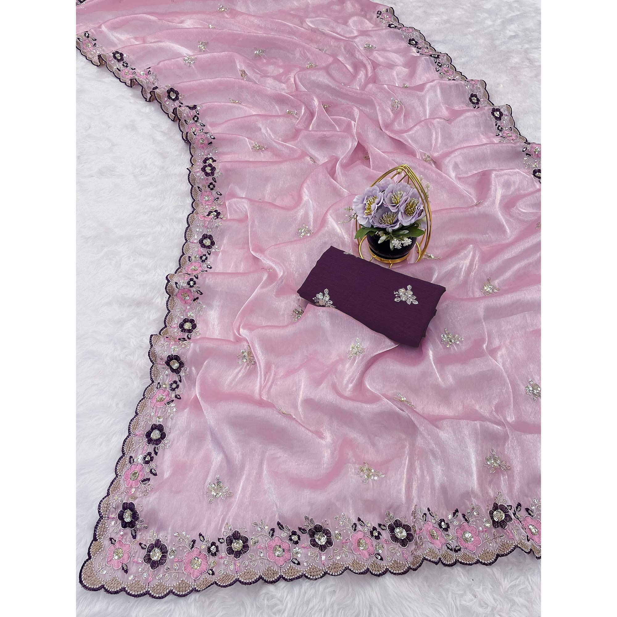 Onion Pink Jimmy Choo Chiffon Saree Adorned With Floral Embroidery & Delicate Sequins Work