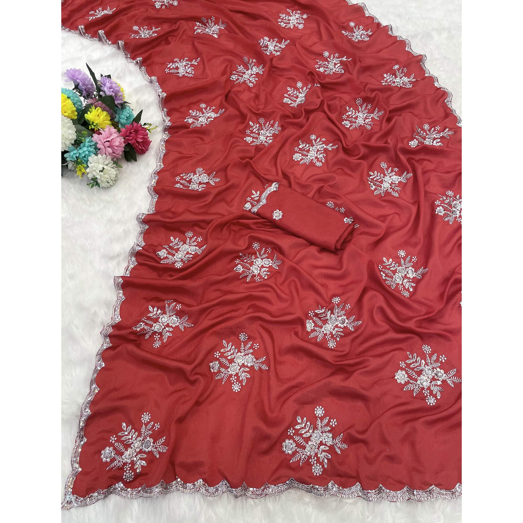 Red Chinon Saree Adorned With Zari Floral Embroidery & Gleaming Sequins Work