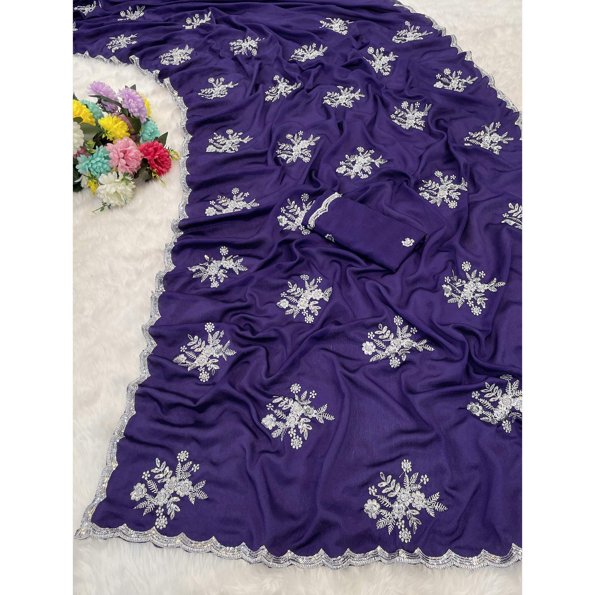 Royal Purple Chinon Saree Adorned With Zari Floral Embroidery & Gleaming Sequins Work