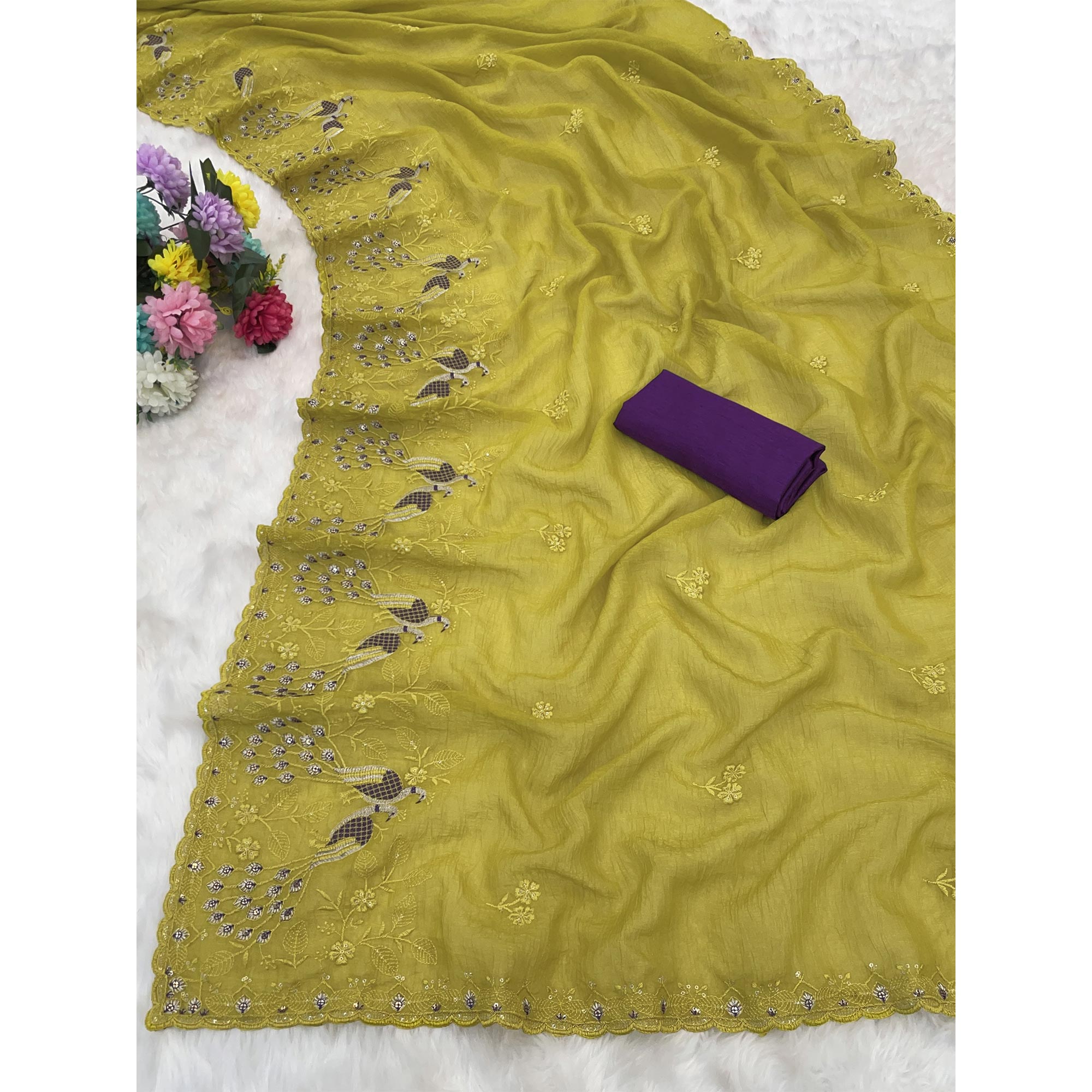 Graceful Green Crunchy Crush Saree With Delicate Floral Thread Embroidery & Sequin Work