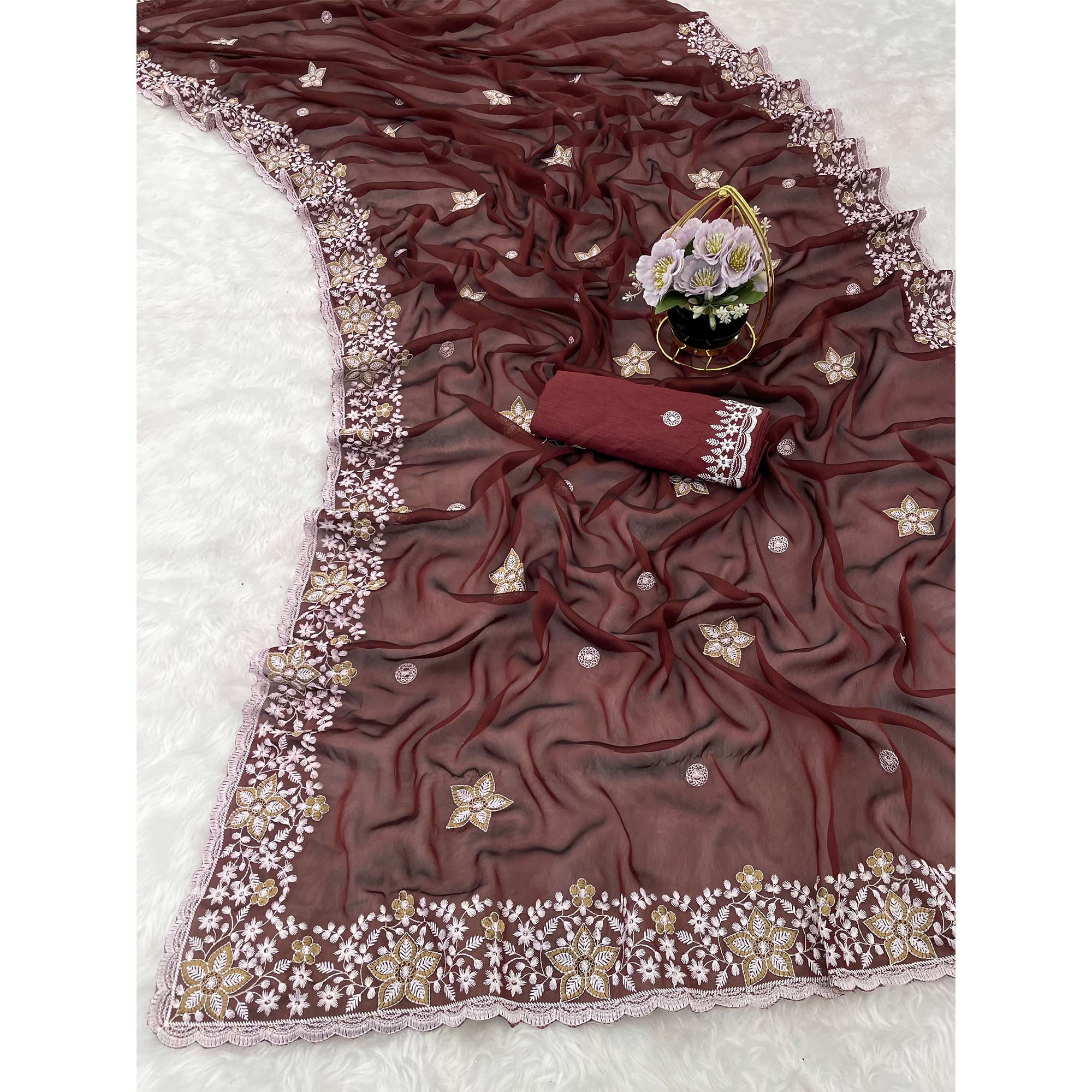 Maroon Designer Art Silk Saree Enhanced with Fine Floral Embroidery Work
