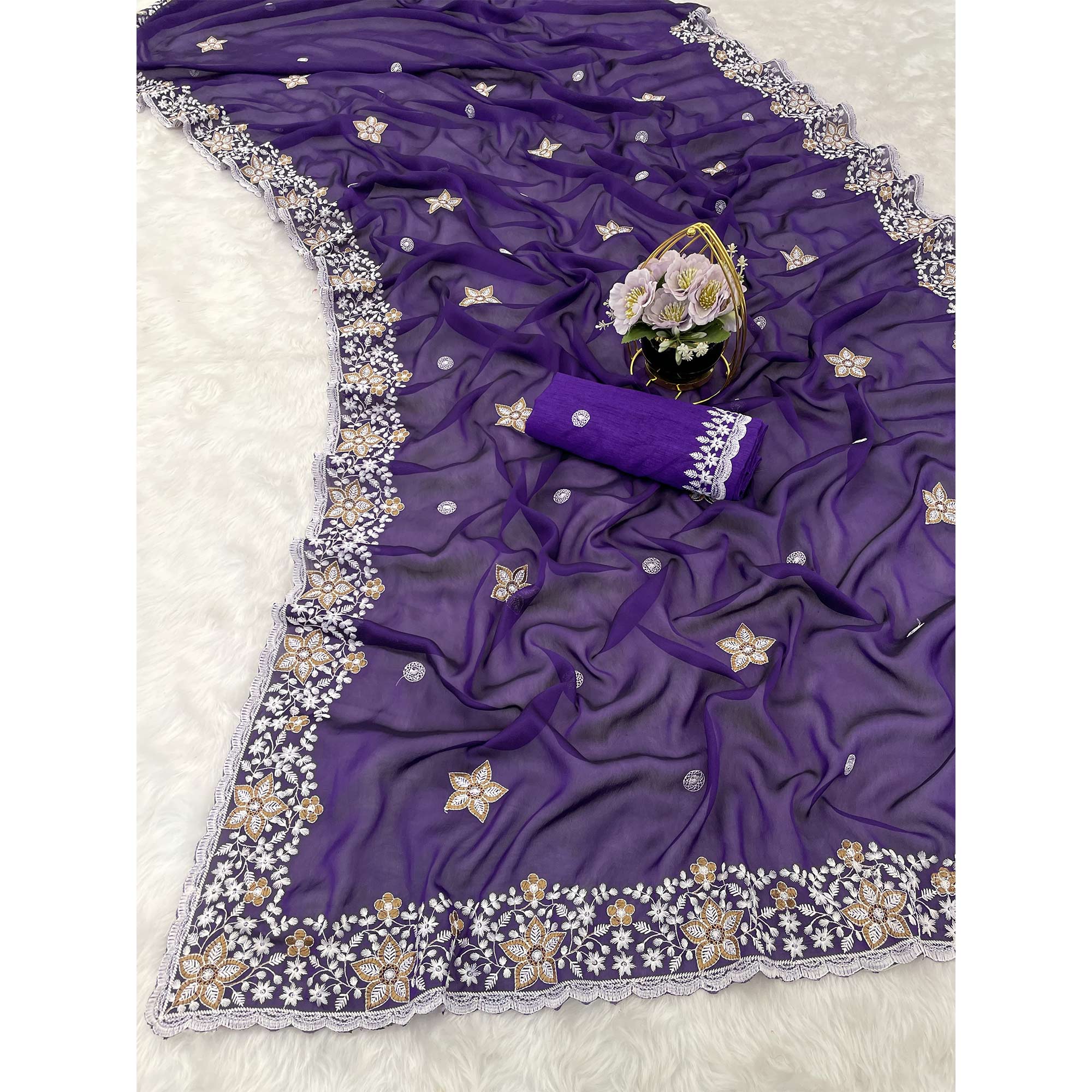 Purple Designer Art Silk Saree Enhanced with Fine Floral Embroidery Work
